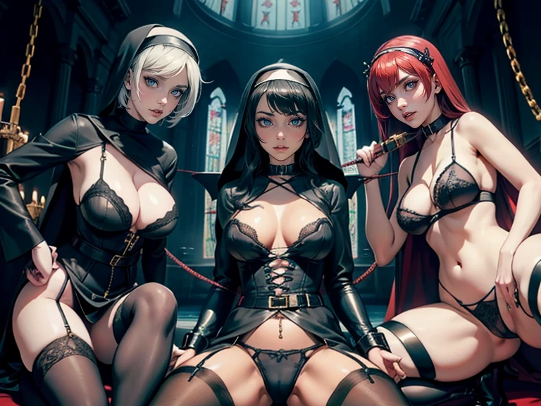 Dynamic shot, ((3 females)), A picture of 2 beautiful succubus dominating 1 sexy nun on a leash, ((2 demon females and a nun)), female domination, nun, demons, beautiful succubuses, horror, dark, sexy, rough domination, domination, nun on a leash, bdsm, golden chains,(golden leash), collar, beautiful bodies, slim, horror style, highly detailed faces, stockings, (silk lingerie, stockings), leather tight boots, camera from below, closeup, blue