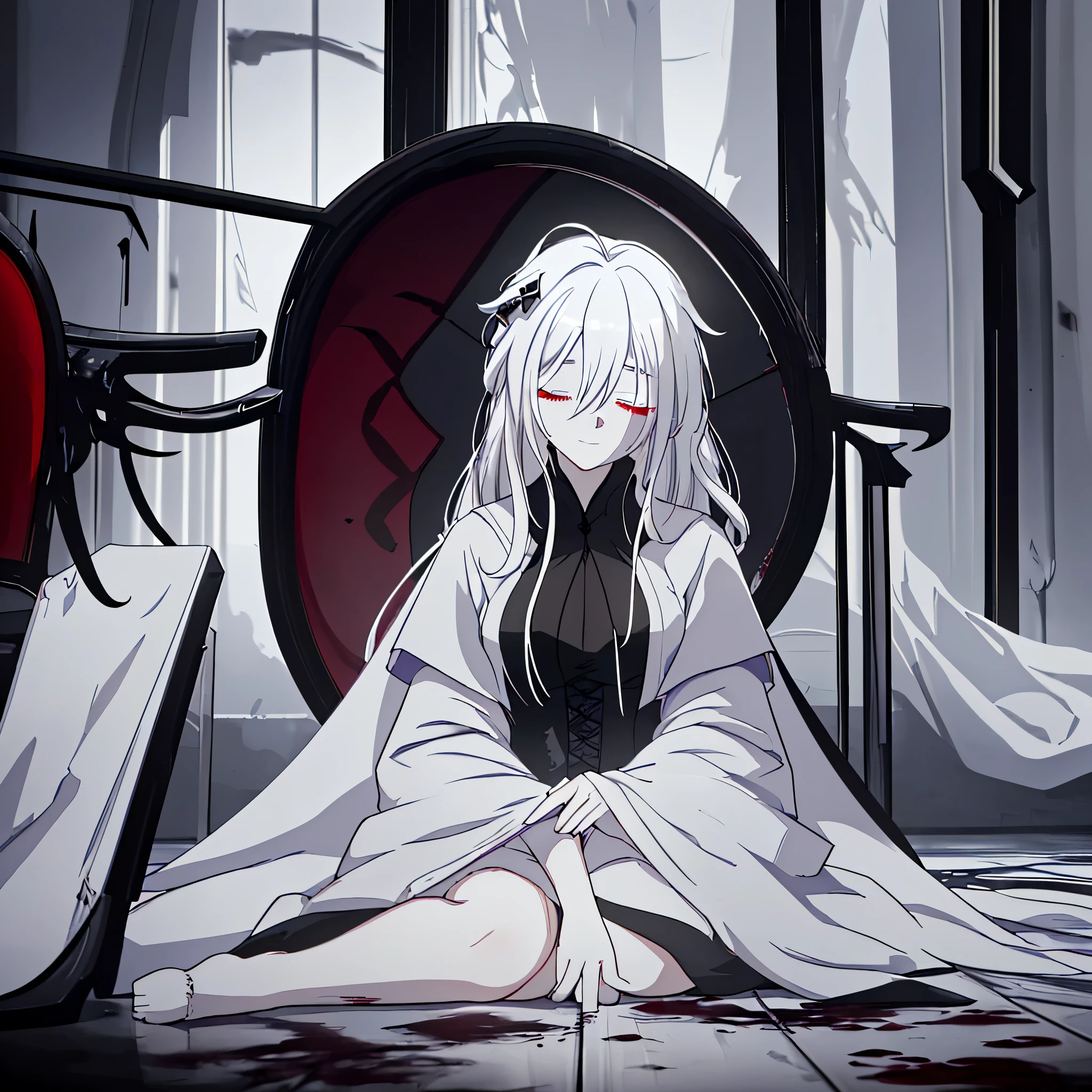 "Epic dark atmosphere, stunning 4k artwork featuring a mature woman with confident long  white hair and her two closed eyes with gently smile, she wear white dirty coat, and sit on floor, she blood crying, but still smile gently. Her face full of blood"