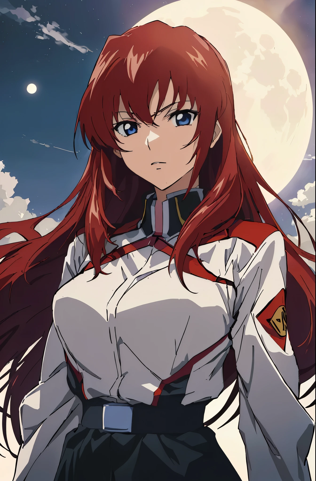 (highest quality,4K,High resolution,masterpiece:1.2),Woman with long red hair standing in front of a full moon, Asuka, kurisu makise steins gate anime, Female Anime Characters, beautiful Asuka from evangelion, Portrait of a female anime hero, Female Action Anime Girl, Asuka langley sohryu, rings Asuka iwakura station game, kurisu makise