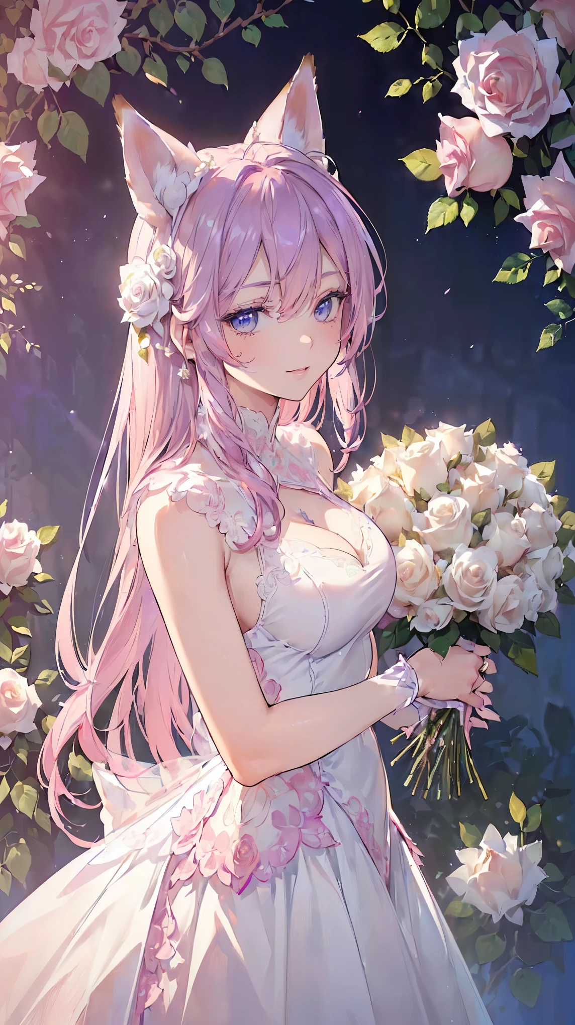 (((masterpiece))), (((highest quality))), ((ultra-detailed)), ((super fine illustration)), ((ultra-fine painting)), (16K highest quality wallpaper:1.4), (upper body:1.4), (Highly detailed and delicate illustration style:1.8), detailed skin texture, detailed cloth texture, detailed rose flower texture, extreme detailed description, (T-masterpiece), (highly detailed face:1.4), original, RAW photo, professional, Intricate details, super details, Direct light:1.6, (perfect anatomy:1.4), (highly detailed hands:1.2), (highly detailed fingers:1.2), (highly detailed fingertips:1.2), (27-years-old), real, (solo:1.6), (A very beautiful and attractive purple fox fashion model:1.4) BRAKE (Beautiful and adorable purple fox ears:1.6), (Highly detailed and delicate purple fox ears:1.4), (beautiful and well-shaped big breasts:1.2), (beautiful and well-shaped buttocks), (beautiful and shiny purple hair:1.6), (highly detailed and delicate purple hair:1.4), (beautiful clear blue eyes that shine with great detail:1.6), (highly detailed and delicate blue eyes:1.2), (highly detailed face:1.4), (smile:1.4), (looking at viewer:1.4), (standing:1.4), (Celebration:1.4) BRAKE ((A beautiful and gorgeous princess dress that is detailed and delicate to be worn at celebratory occasions:1.4)) BRAKE ((Holding in both hands a large bouquet of highly detailed and delicate ((white and pink roses)):1.3)) BRAKE (Just after noon:1.4), (Celebration:1.4), (((Highly detailed and delicate white rose flower and pink rose flower garden background:1.3))), (Highly detailed and delicate royal palace courtyard background in just after noon in spring:1.3) BRAKE