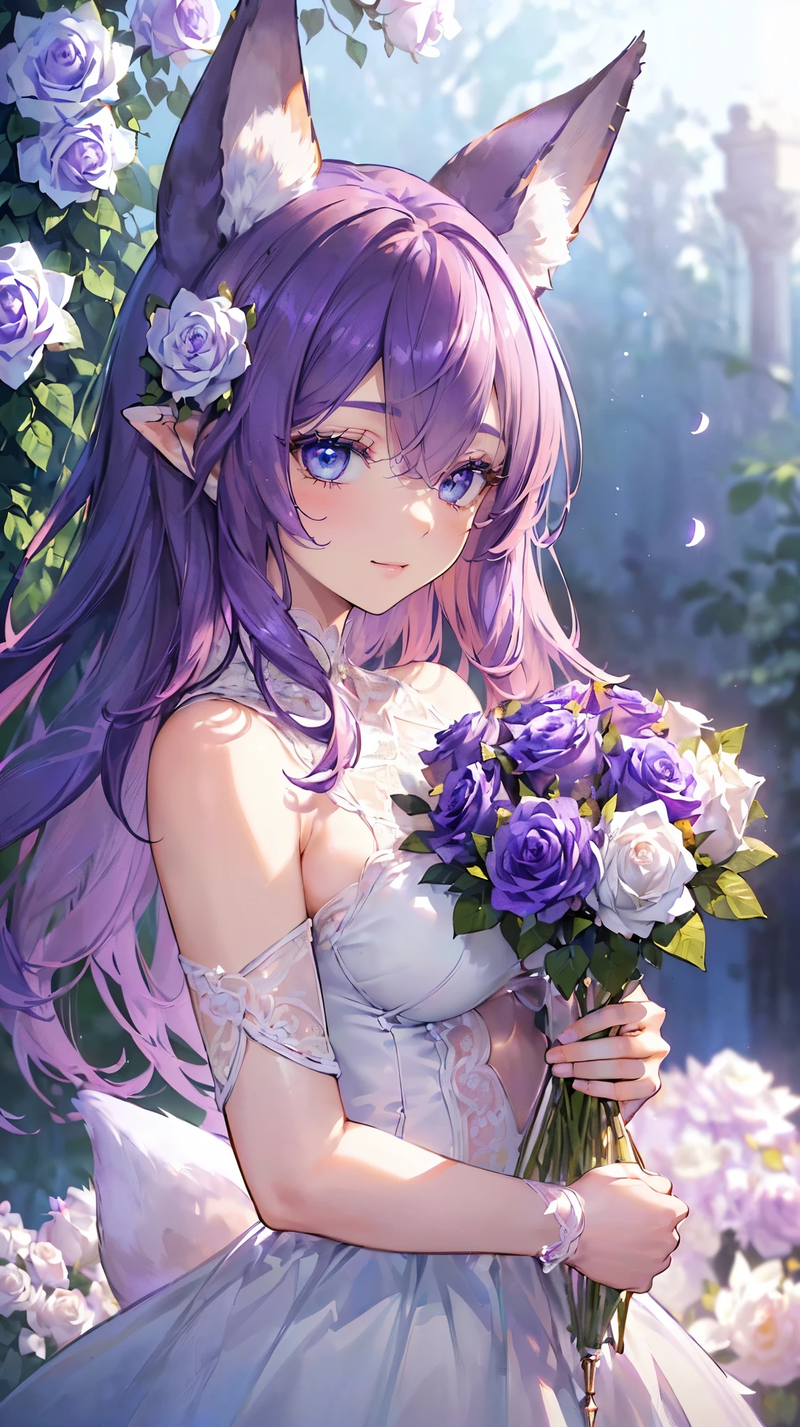 (((Masterpiece))), (((Highest quality))), ((Ultra-detailed)), ((Super fine illustration)), ((Ultra-fine painting)), ((16K highest quality wallpaper:1.4), (Upper body:1.6), (Highly detailed and delicate illustration style:1.8), Detailed skin texture, Detailed cloth texture, Detailed rose flower texture, Extreme detailed description, (Highly detailed face:1.4), (Highly detailed beautiful and adorable Purple fox ears:1.2), (Highly detailed beautiful and shiny Purple hair:1.2), (Highly detailed beautiful and clear eyes:1.2), Original, RAW photo, Professional, Intricate details, Super details, (Perfect anatomy:1.4), Highly detailed hands, Highly detailed fingers, Highly detailed fingertips, (27-years-old), (Sexy), (Sexy), (Solo:1.6), (A very beautiful and attractive Purple fox female fashion model:1.4))
BRAKE
((Beautiful and adorable Purple fox ears:1.6), (Highly detailed and delicate Purple fox ears:1.4), (Beautiful and well-shaped big breasts:1.2), Beautiful and well-shaped buttocks, (Beautiful and shiny Purple hair:1.6), (Highly detailed and delicate Purple hair:1.4), (Beautiful clear blue eyes that shine with great detail:1.6), (Highly detailed and delicate blue eyes:1.2), (Highly detailed face:1.4), (Smile:1.4), (Looking at viewer:1.4), (Standing:1.4), (Celebration:1.4))
BRAKE
((A beautiful and gorgeous Off-the-shoulder and cleavage princess dress that is detailed and delicate to be worn at celebratory occasions:1.4))
BRAKE
((Holding in both hands a large bouquet of highly detailed and delicate ((white and pink roses)):1.6))
BRAKE
(((Just after noon:1.4), (Celebration:1.4), (Highly detailed and delicate white rose flower and pink rose flower garden background:1.4), Highly detailed and delicate royal palace courtyard background in just after noon:1.4))
BRAKE