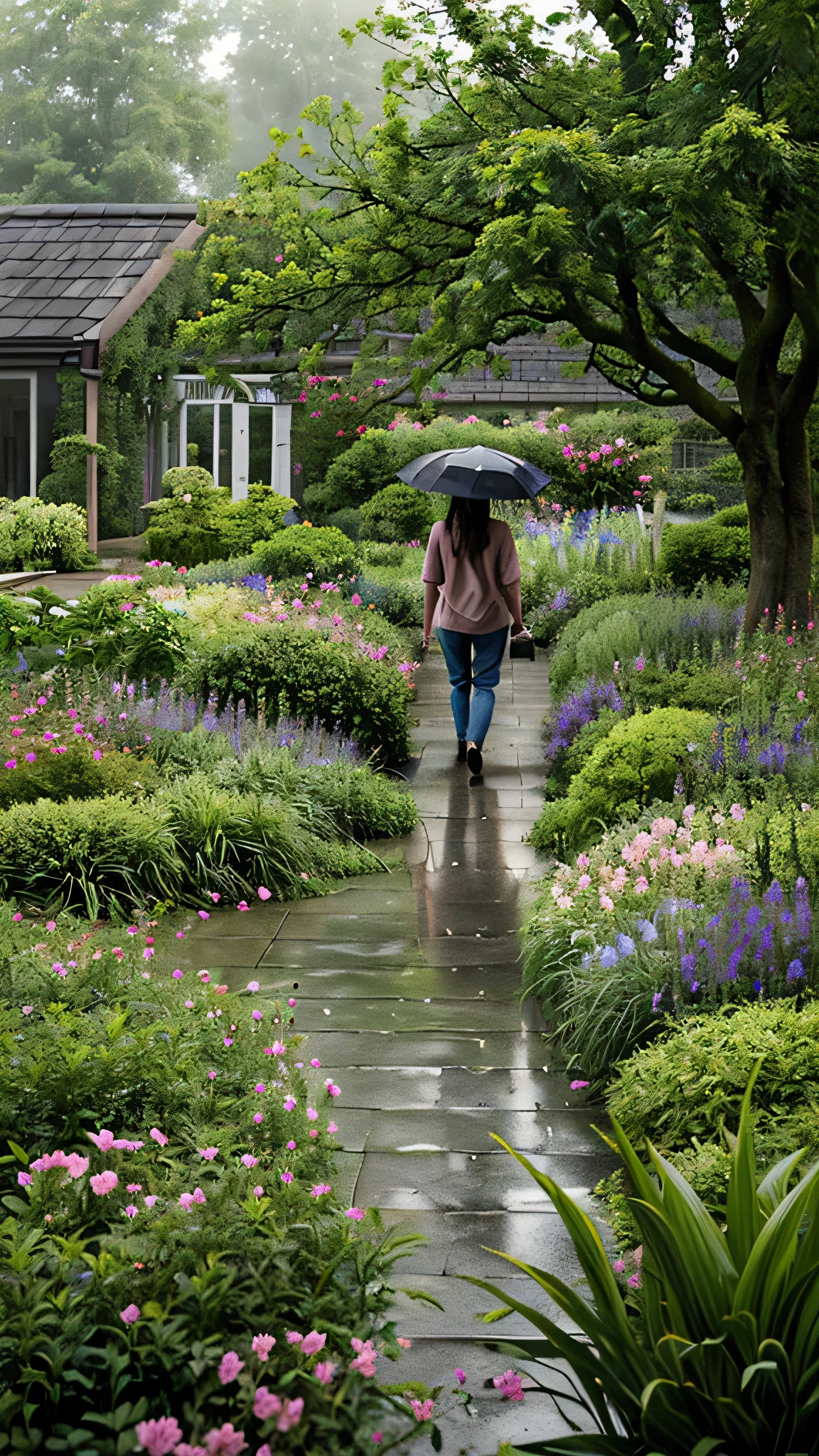 masterpiece, reality, 8k, intricate details,
there is a person walking down a path with an umbrella, misty garden, flowers rain everywhere, flower garden summer morning, flowers garden, lush garden in the background, misty and raining, lush flowery outdoors, beautiful garden, after the rain, garden with flowers, cottagecore flower garden, just after rain, flower garden, garden landscape, lush landscape, garden background