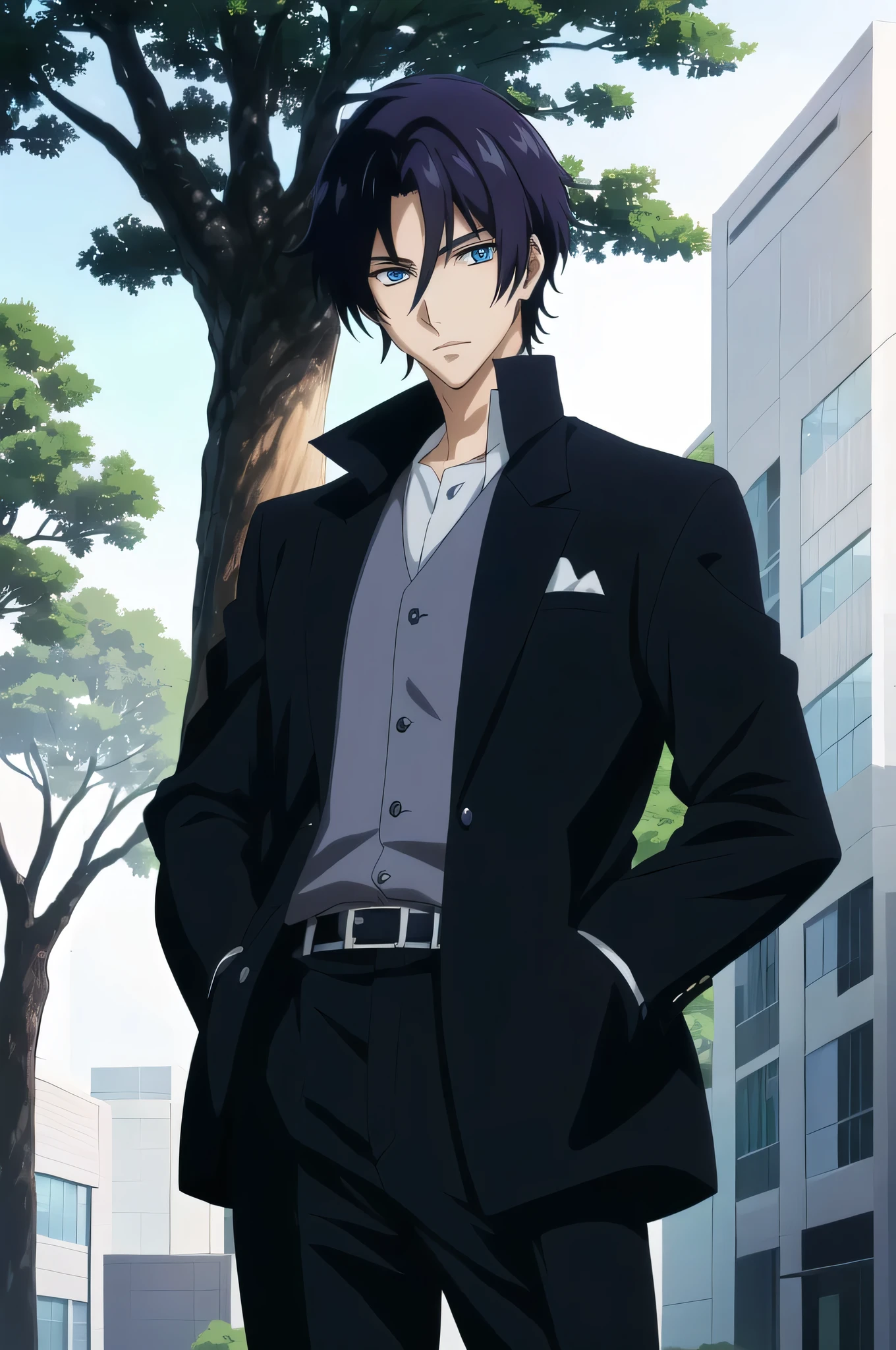 A man in a suit standing in front of a tree, Tall anime guy with blue eyes, Handsome anime pose, Young Anime Guy, Male Anime Style, Male Anime Characters, Anime handsome guy, modern anime style, 2022 anime style, 2 0 2 2 Anime Style, trigger anime art style, Style Anime, As an anime character, Anime-style characters