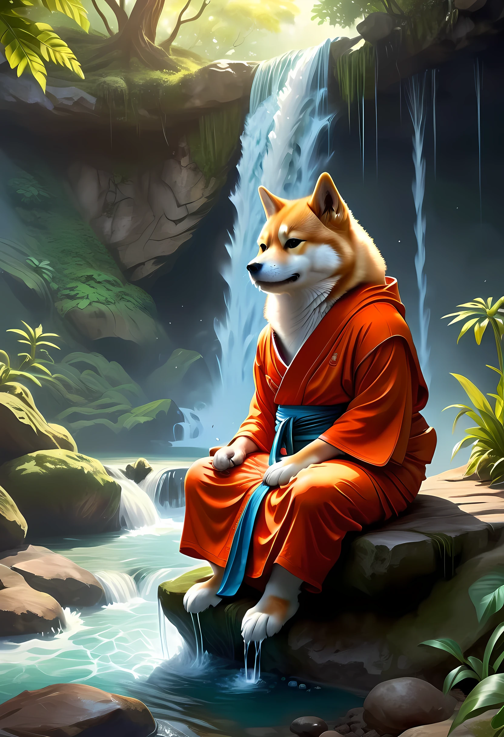 fantasy art, photorealistic, D&D art, a picture of a anthropomorphic Shiba Inu monk sitting and meditating near a waterfall, at the base of the waterfall,  there is a anthropomorphic (Shiba Inu monk: 1.5) wearing monk garbs, meditating near a bonfire near an (epic sized waterfall: 1.3), red hair, long hair, full body (best details, Masterpiece, best quality :1.5), ultra detailed face (best details, Masterpiece, best quality :1.5), light brown fur, green eyes,  water coming down from a volcanic cliff, multi level water falls, several pools created in different levels, forming new waterfalls, water cascading into a (large lava pool: 1.3) steam rising, clear water in many hues of blue and azure falling, ultra best realistic, best details, best quality, 16k, [ultra detailed], masterpiece, best quality, (extremely detailed), ultra wide shot, photorealism, depth of field, hyper realistic painting, faize 