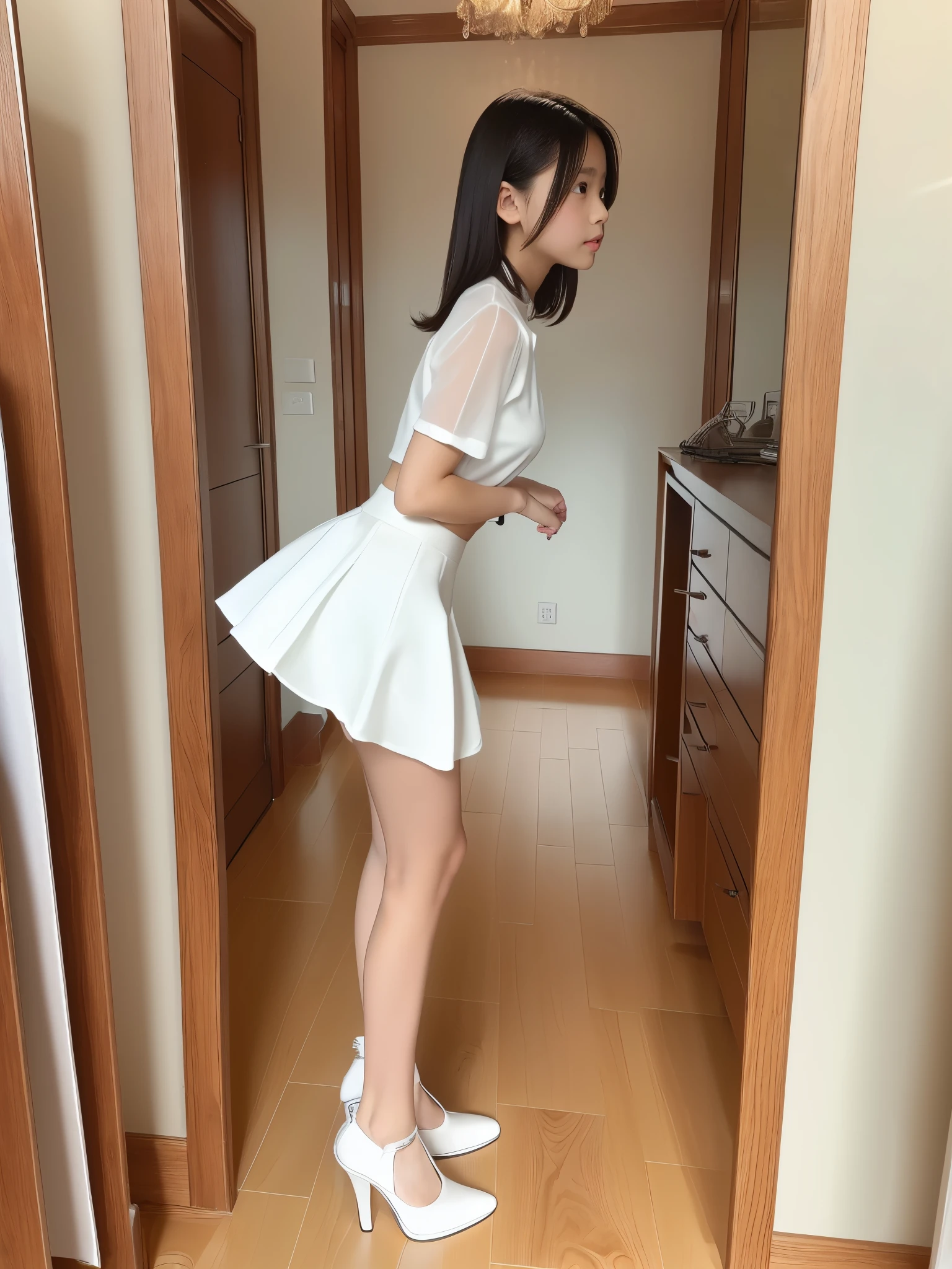 ((Full body:1.2,Voyeur from the side:1.2,from a distance:1.2)),3 Japanese girls,kneeling,arms behind back,blushing and embarrassed face,summer casual style,See-through white blouse,See-through white flare skirt,white choker,See-through white ,white high heels,slim body shape,from below,realistic,best quality,ultra-detailed,high resolution,beautiful white skin,looking at anothflooring room