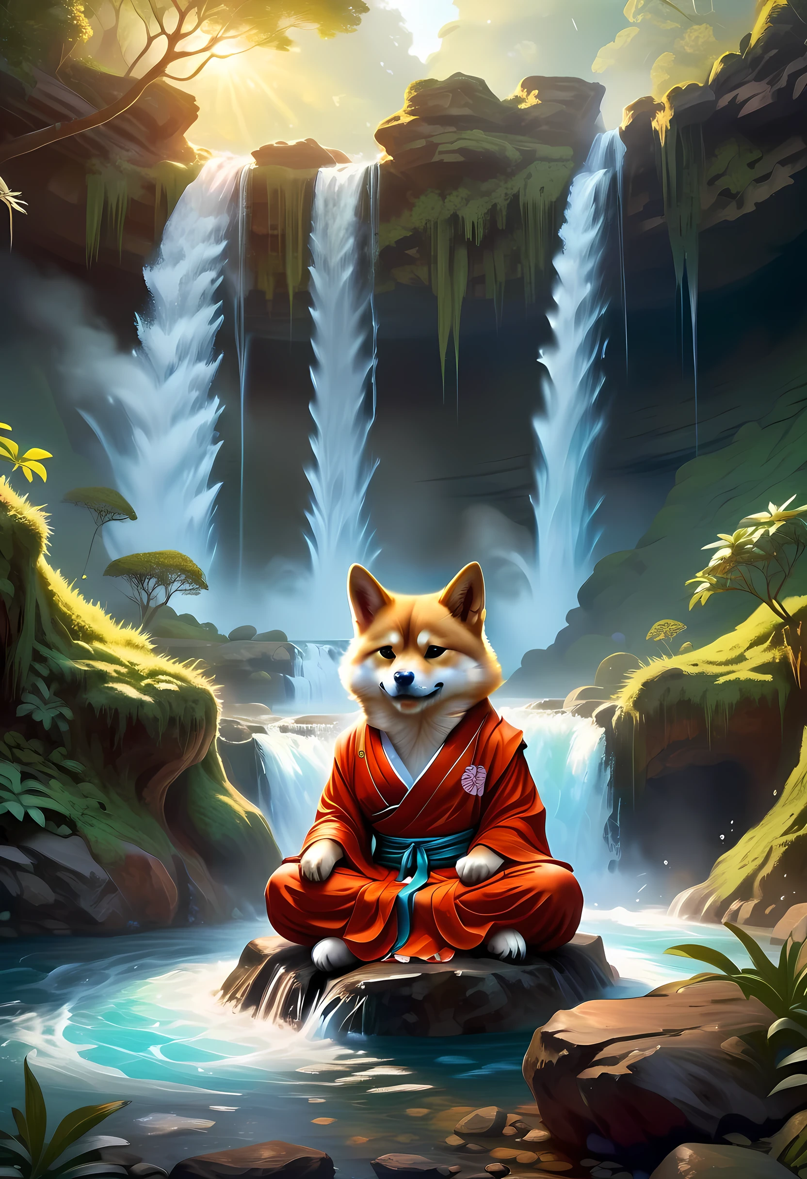 fantasy art, photorealistic, D&D art, a picture of a anthropomorphic Shiba Inu monk sitting and meditating near a waterfall, at the base of the waterfall,  there is a anthropomorphic (Shiba Inu monk: 1.5) wearing monk garbs, meditating near a bonfire near an (epic sized waterfall: 1.3), red hair, long hair, full body (best details, Masterpiece, best quality :1.5), ultra detailed face (best details, Masterpiece, best quality :1.5), light brown fur, green eyes,  water coming down from a volcanic cliff, multi level water falls, several pools created in different levels, forming new waterfalls, water cascading into a (large lava pool: 1.3) steam rising, clear water in many hues of blue and azure falling, ultra best realistic, best details, best quality, 16k, [ultra detailed], masterpiece, best quality, (extremely detailed), ultra wide shot, photorealism, depth of field, hyper realistic painting, faize 