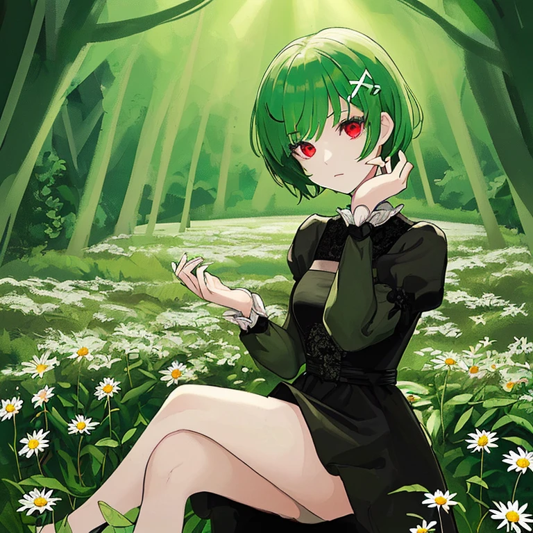 (masterpiece, best quality),1girl with short green hair sitting in a field of green plants and flowers, her hand under,looking to viewer, warm lighting, red eyes, white and black dress, using daisy hairclip, forest foreground, close up, high quality hands