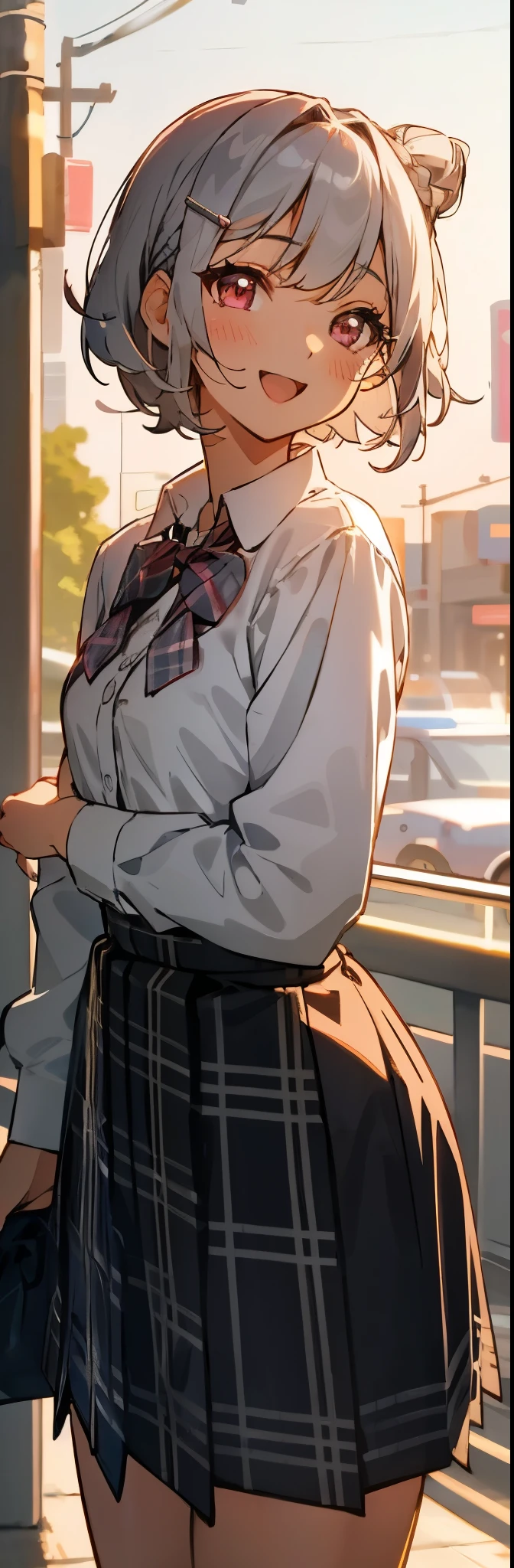 Silver short hair and bob hair、I tied my hair in a bun with a hair clip...、Pink Eyes、white blouse shirt、Tartan Check Skirt、smile、Open your mouth、Cowboy Shot、Sharp contours、Cafe Terrace、Golden Hour Sky、Background blur、The depth of the drawn boundaries