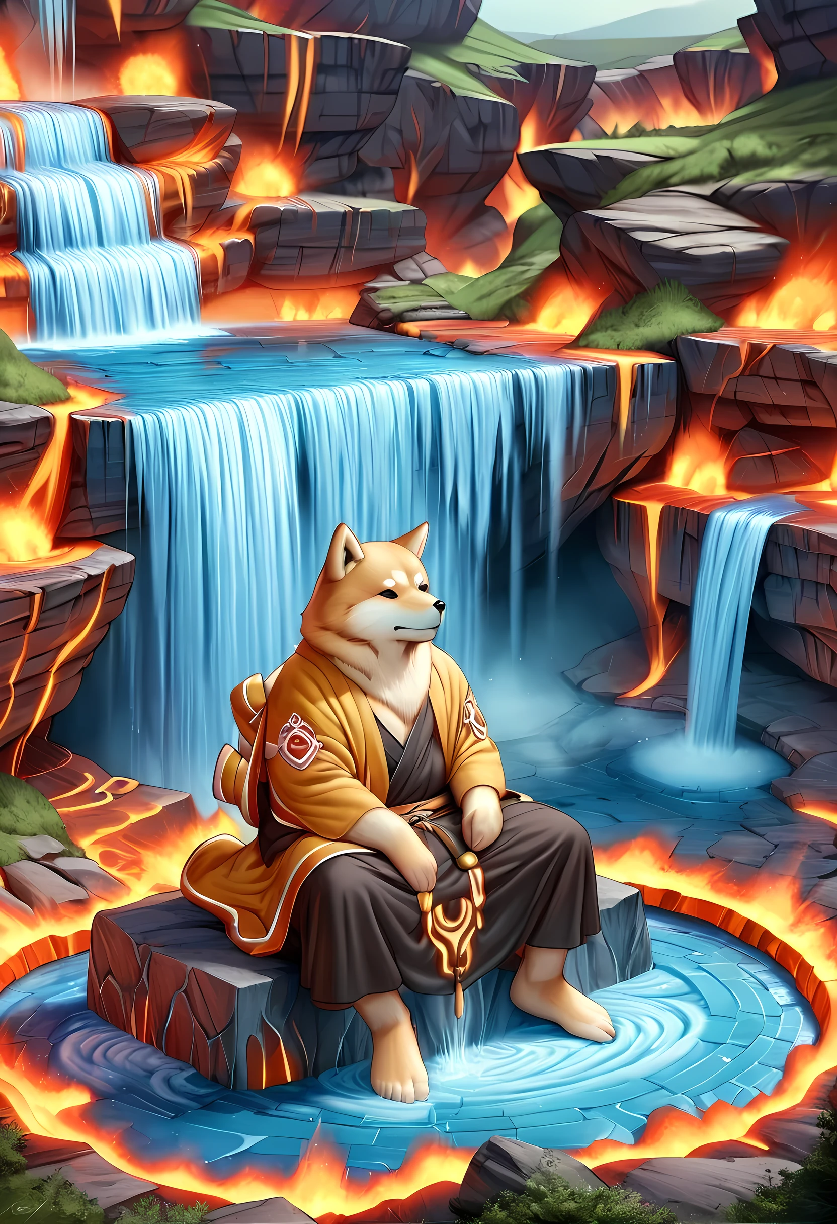 fantasy art, photorealistic, D&D art, a picture of a anthropomorphic Shiba Inu monk sitting and meditating near a waterfall, at the base of the waterfall,  there is a anthropomorphic (Shiba Inu monk: 1.5) wearing monk garbs, meditating near a bonfire near an (epic sized waterfall: 1.3), red hair, long hair, full body (best details, Masterpiece, best quality :1.5), ultra detailed face (best details, Masterpiece, best quality :1.5), light brown fur, green eyes,  water coming down from a volcanic cliff, multi level water falls, several pools created in different levels, forming new waterfalls, water cascading into a (large lava pool: 1.3) steam rising, clear water in many hues of blue and azure falling, ultra best realistic, best details, best quality, 16k, [ultra detailed], masterpiece, best quality, (extremely detailed), ultra wide shot, photorealism, depth of field, hyper realistic painting, faize 