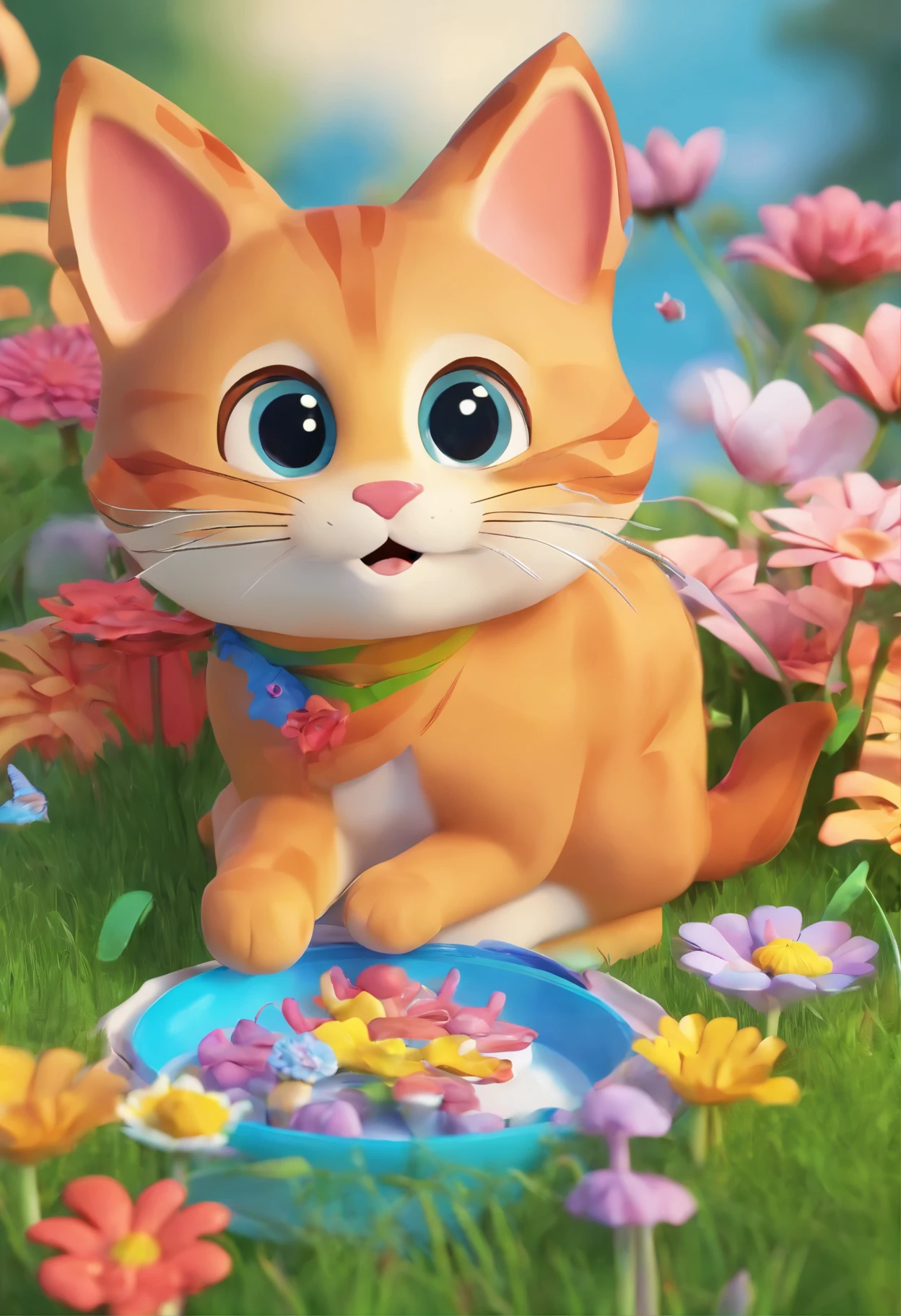 Create a drawing with rich colors to make a coloring book cover with a little cat sitting on a lawn. The picture should include a cat, flowers, grass, and butterflies. It should be interesting for children aged 4-6
