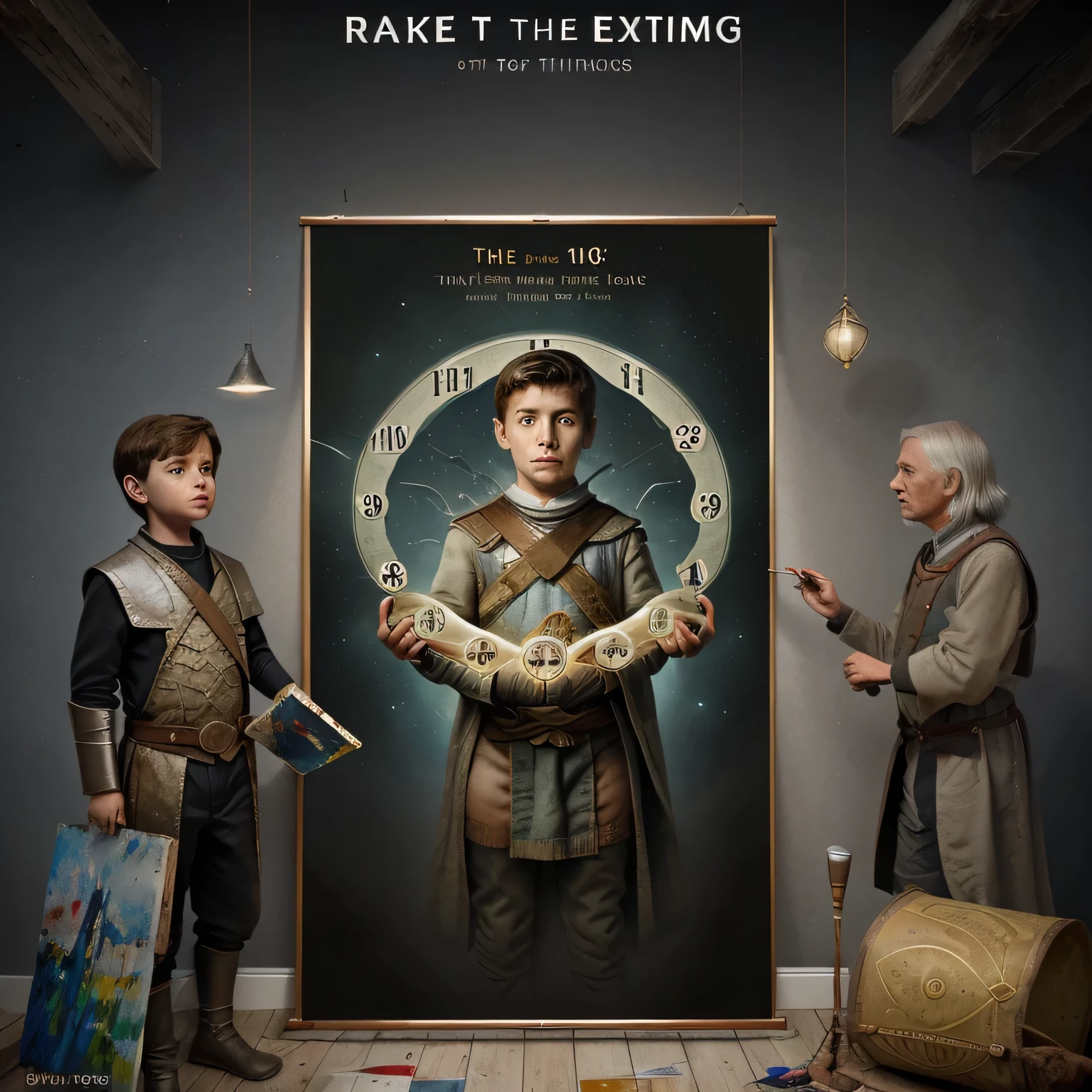 make painting of a poster of ratio 9:16 for a book named ‘turning the hands of time’ whose story is that a boy time travels different ages of time and civilisations due to watch like magical gadget given by wizard.