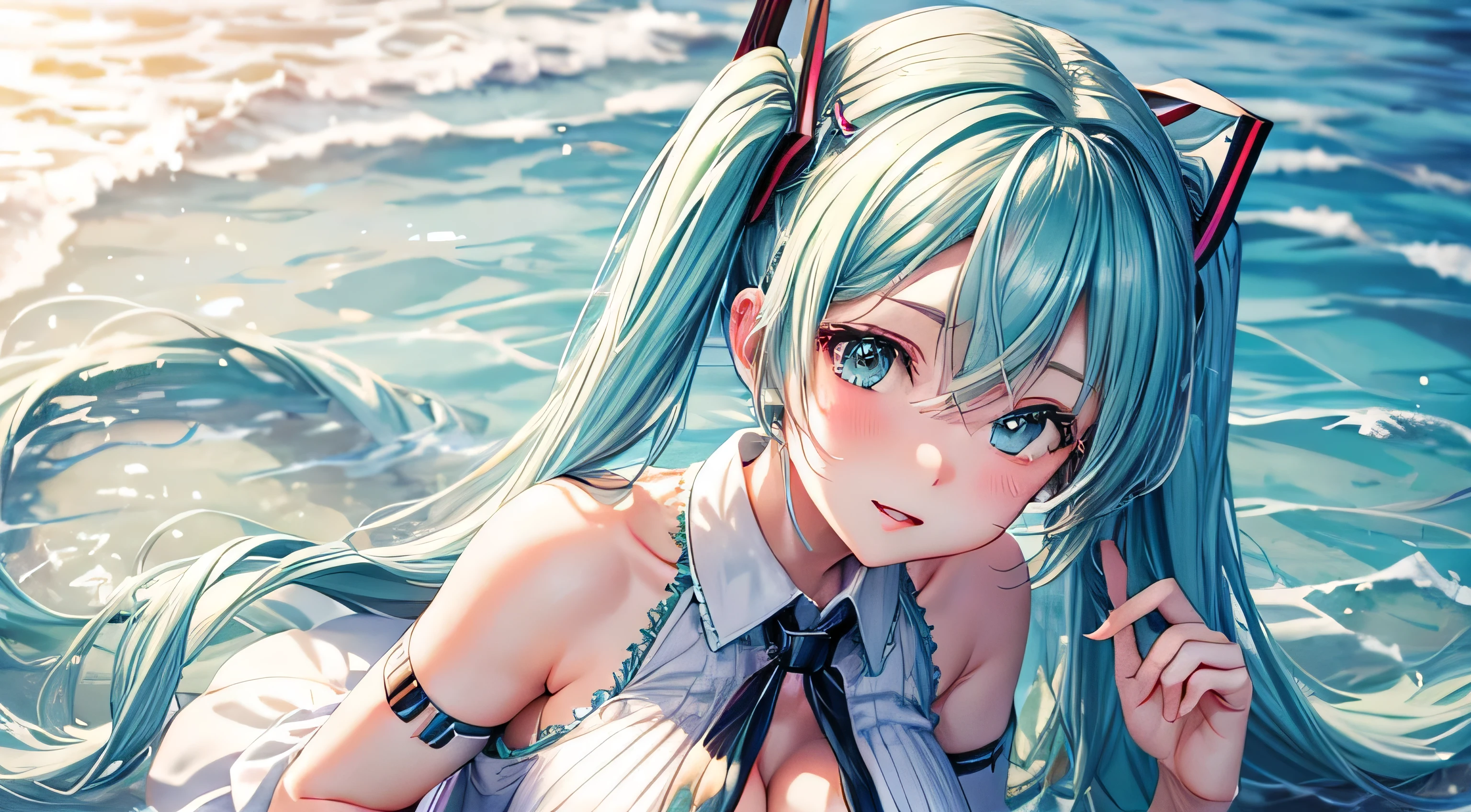 Hatsune Miku White dress Summer beach Perfect and detailed facial expression Perfect and detailed eye depiction Perfect and detailed hair Perfect upper body drawing Big Tits