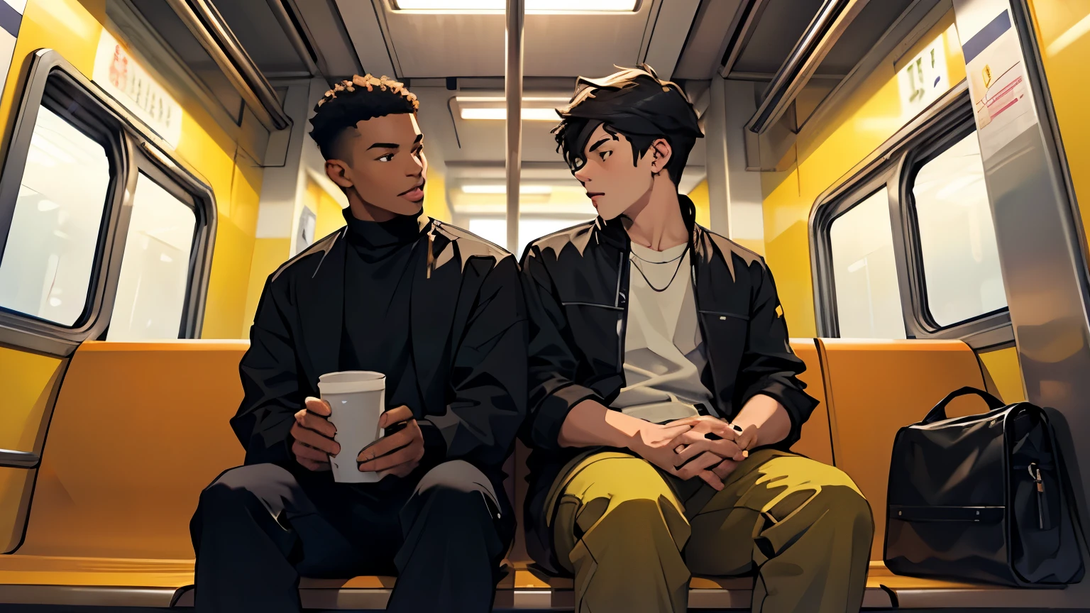 two young men sitting next to each other on a train. they are talking, chatting. one is white, and the other is black ethnicity. yellow walls.