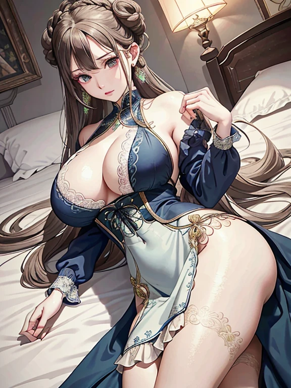 upper body, oil painting, masterpiece, best quality, long light brown hair, light green eyes, braided-bun hairstyle, big breast, Navy blue Victorian era maid uniform that exposes cleavage, black high heels with ribbons, Attractive, See-through bang, light pink lips, fair white skin, She is beautiful, Lying on the bed, Lifting up the skirt slightly, dynamic posture, She placed her left hand on her breast