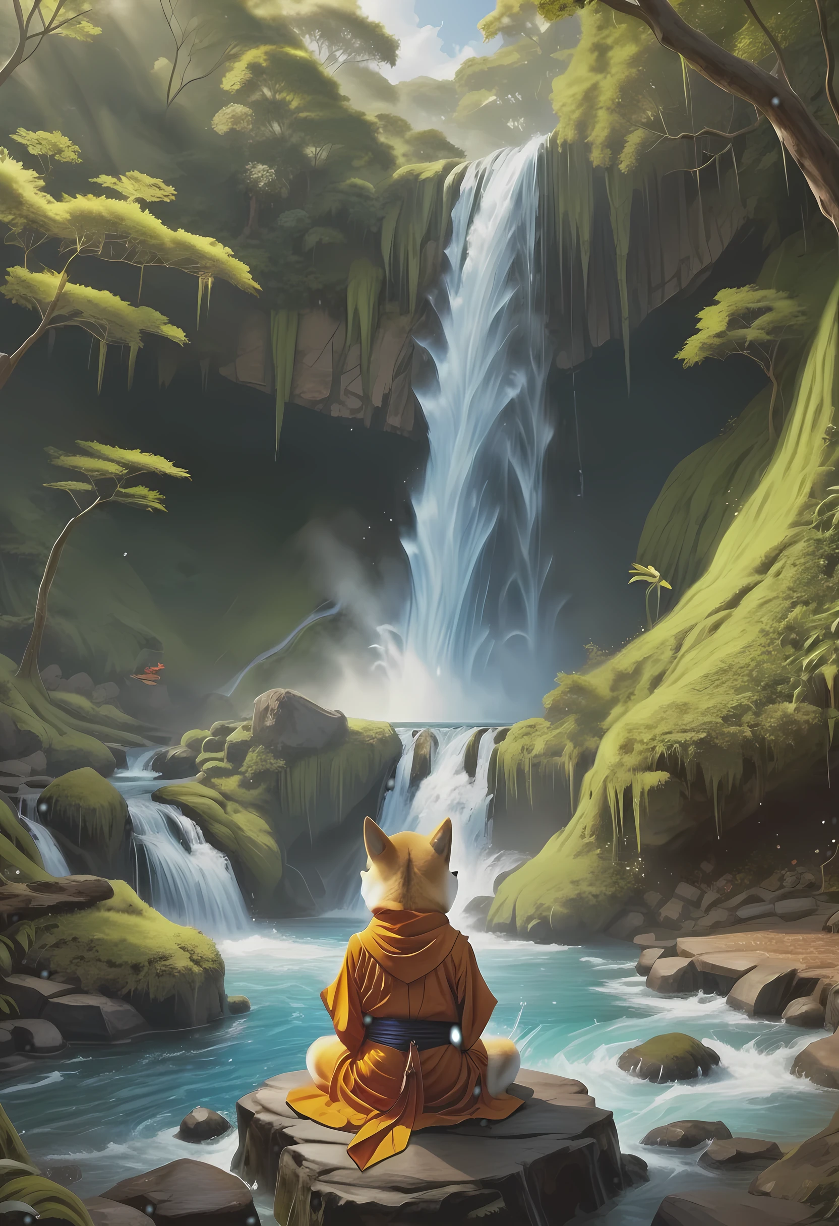 fantasy art, photorealistic, D&D art, a picture of a anthropomorphic Shiba Inu monk sitting and meditating near a waterfall, at the base of the waterfall,  there is a anthropomorphic (Shiba Inu monk: 1.5) wearing monk garbs, meditating near a bonfire near an (epic sized waterfall: 1.3), red hair, long hair, full body (best details, Masterpiece, best quality :1.5), ultra detailed face (best details, Masterpiece, best quality :1.5), light brown fur, green eyes,  water coming down from a volcanic cliff, multi level water falls, several pools created in different levels, forming new waterfalls, water cascading into a (large lava pool: 1.3) steam rising, clear water in many hues of blue and azure falling, ultra best realistic, best details, best quality, 16k, [ultra detailed], masterpiece, best quality, (extremely detailed), ultra wide shot, photorealism, depth of field, hyper realistic painting, faize 