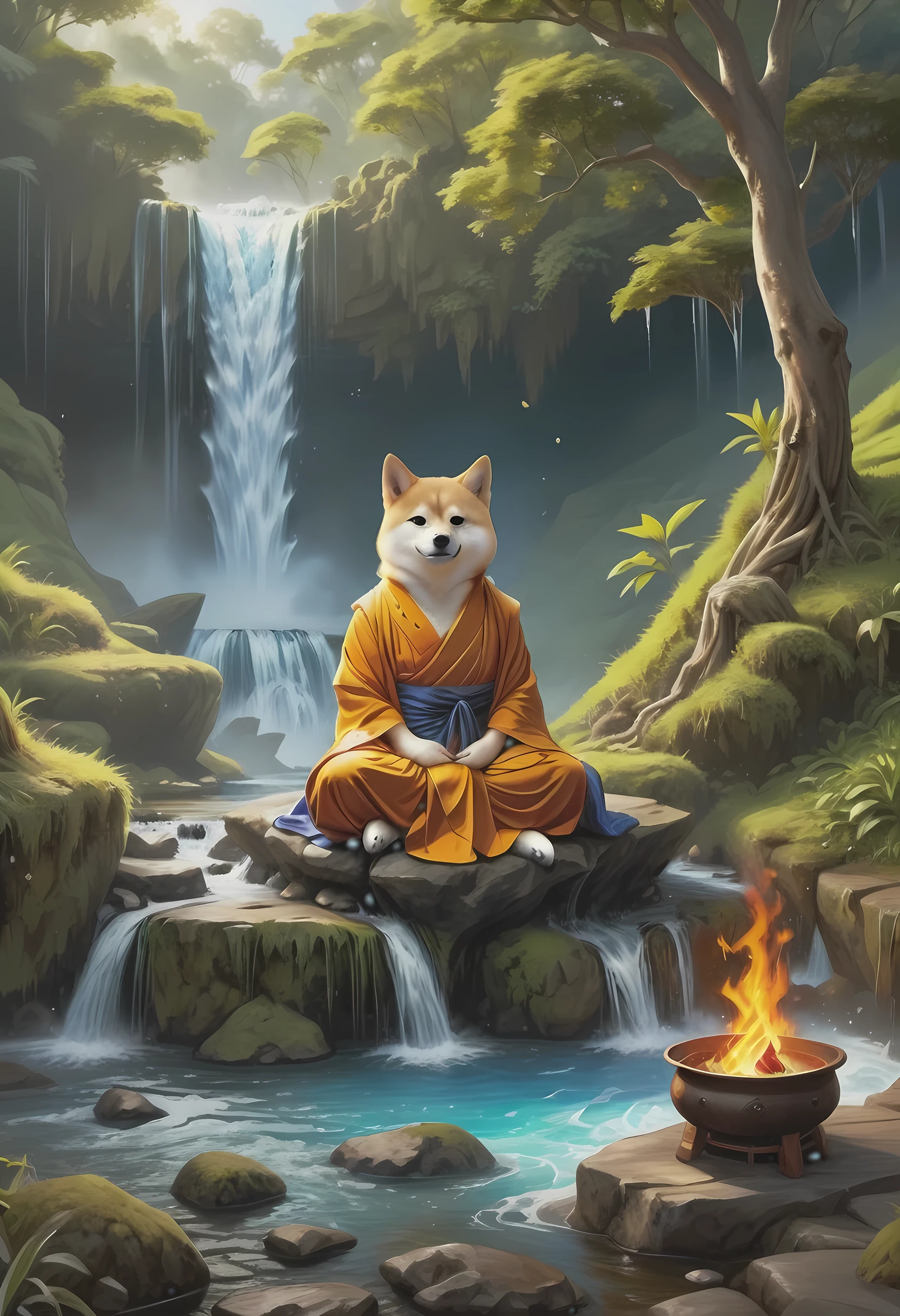 fantasy art, photorealistic, D&D art, a picture of a anthropomorphic Shiba Inu monk sitting and meditating near a waterfall, at the base of the waterfall,  there is a anthropomorphic (Shiba Inu monk: 1.5) wearing monk garbs, meditating near a bonfire near an (epic sized waterfall: 1.3), red hair, long hair, full body (best details, Masterpiece, best quality :1.5), ultra detailed face (best details, Masterpiece, best quality :1.5), light brown fur, green eyes,  water coming down from a volcanic cliff, multi level water falls, several pools created in different levels, forming new waterfalls, water cascading into a (large lava pool: 1.3) steam rising, clear water in many hues of blue and azure falling, ultra best realistic, best details, best quality, 16k, [ultra detailed], masterpiece, best quality, (extremely detailed), ultra wide shot, photorealism, depth of field, hyper realistic painting, faize 