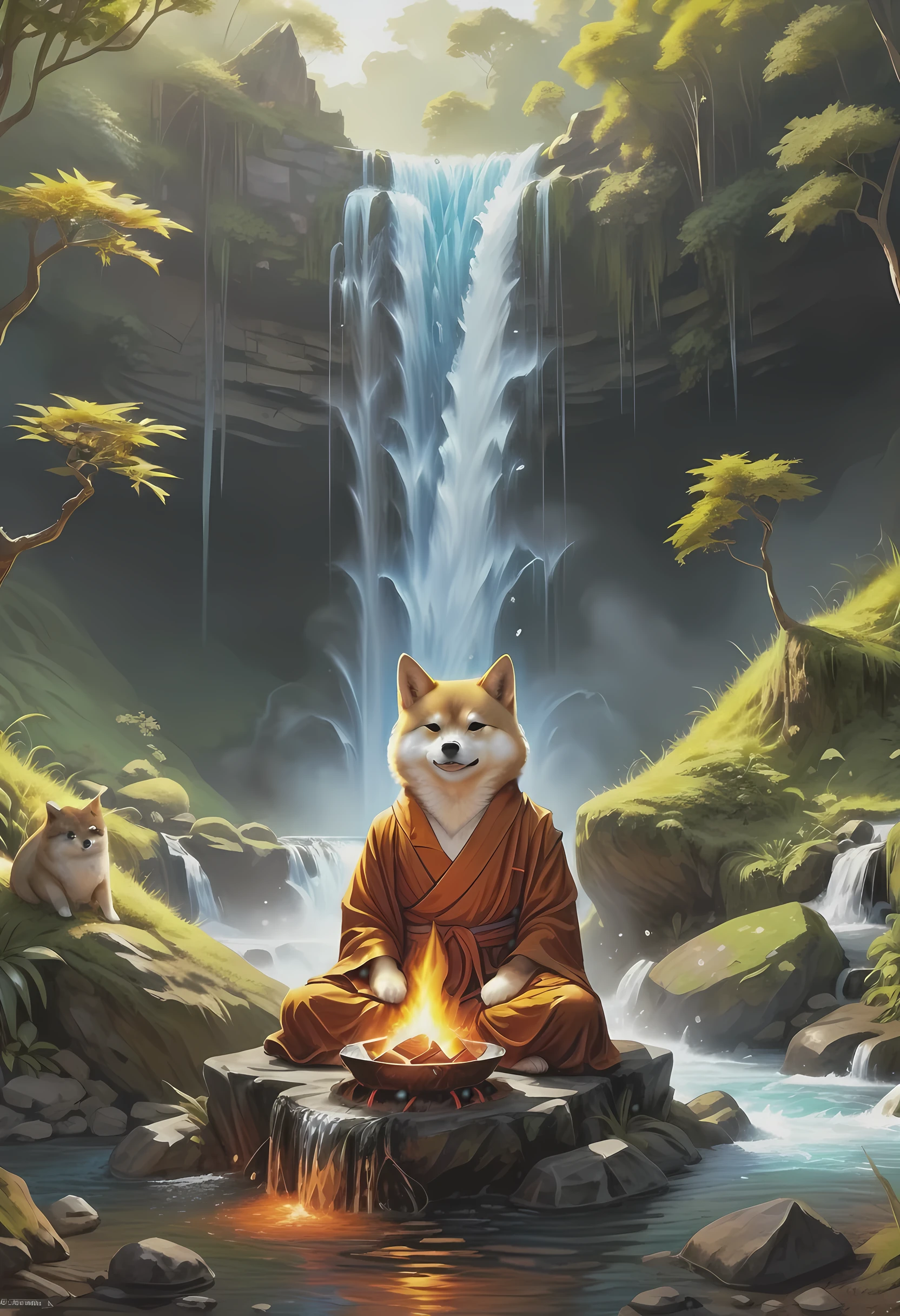 fantasy art, photorealistic, D&D art, a picture of a anthropomorphic Shiba Inu monk sitting and meditating near a waterfall, at the base of the waterfall,  there is a anthropomorphic (Shiba Inu monk: 1.5) wearing monk garbs, meditating near a bonfire near an (epic sized waterfall: 1.3), red hair, long hair, full body (best details, Masterpiece, best quality :1.5), ultra detailed face (best details, Masterpiece, best quality :1.5), light brown fur, green eyes,  water coming down from a volcanic cliff, multi level water falls, several pools created in different levels, forming new waterfalls, water cascading into a (large lava pool: 1.3) steam rising, clear water in many hues of blue and azure falling, ultra best realistic, best details, best quality, 16k, [ultra detailed], masterpiece, best quality, (extremely detailed), ultra wide shot, photorealism, depth of field, hyper realistic painting, faize 