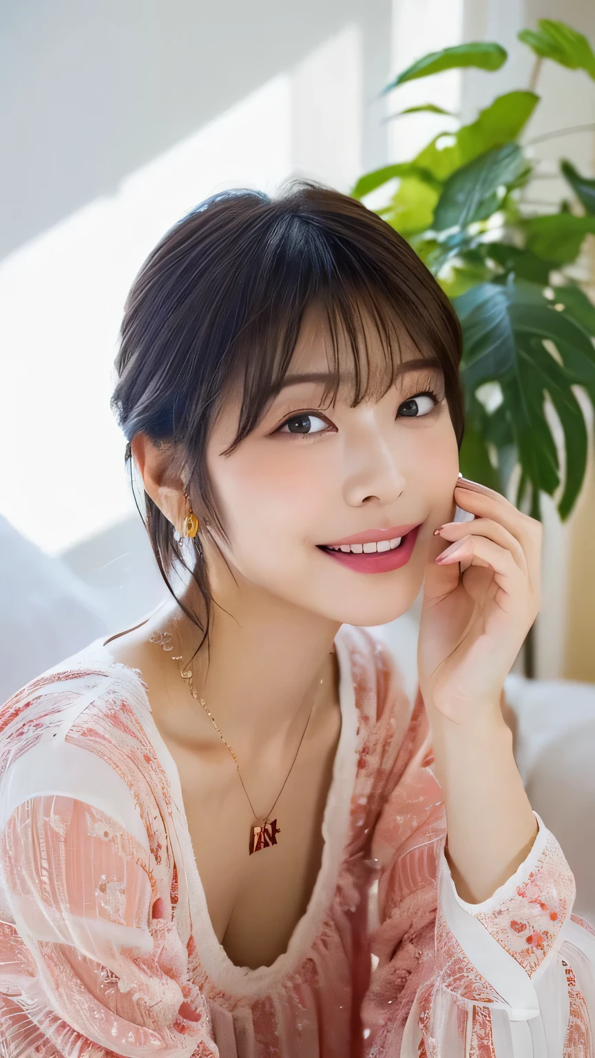 ((8k:1.27), highest quality, masterpiece, 超A high resolution:1.2)Photo Beautiful Japan woman(Comfortable:1.1) grace, good, Gradient lighting, One Girl, Delicate skin, Look at this, Brown eyes, (Short hair with bangs:1.2), (Large breasts:1.0), (middle breast wheel:0.8), (Realistic:1.4), (highest quality:1.0), (超A high resolution:1.0), 8k, Raw photo, (masterpiece:0.2), (Purelos Face_v1:0.5),  All Overprint Contrast Colors Dresulti Colors, Red-brown, What can I do for you?, Staring at this, theme, Tilt, Look at this,  

22 years old, 1 person, ((Beautiful announcer,A kind smile:1.2)),

((Gorgeous Earrings, Long Necklace:1.2)), 
((A tight-fitting off-white nightgown, Layering, cleavage wide open:1.2)),
((Sitting with your legs stretched out on the bed, Open your legs a little:1.5)),
(Full body image from thigh, Pay attention to her beautiful slim thighs:1.2), 

((Sexy atmosphere, Naughty pose, Kissing Mouth, hold out your lips, Embarrassed:1.2)),
((Look up a little and close your eyes:1.4)),

((Boyfriend's bedroom, Big white bed, White wall, Boyfriend and good mood)),
((The large windows overlook the beautiful garden.:1.2)), 


Realistic skin texture, Fair skin, Shiny skin, Beautiful skin on legs, Beautiful feet, 
Highly detailed face, Slim face contour, Beautiful small face, Beautiful Nose, 
Ultra-detailed eyes, Slit eyes, Brown eyes, double eyelid, Ultra-thin eyebrows, Thin, long eyelashes, 
Ultra-detailed lips, Plump and moisturized lips, Glossy pink lips, Flushed Cheeks, ((White beautiful teeth)), 
Beautiful actress&#39;s languid make-up, Pink lipstick, Smoky eyeshadow, Eye foundation, 
Dark Brown Hair, Delicate soft hair, Hair blowing in the wind, 
(Elegantly putting your hair up, Medium Short Hair, ponytail:1.2), 
Layered Cut, (Blunt bangs:1.2), 
((Open your mouth a little, Stick out your tongue a little)), Looking into the camera, 


((Raise your face slightly)),
((Squinting)), 
((pursing lips:1.2)),
((Blushing:1.2)),