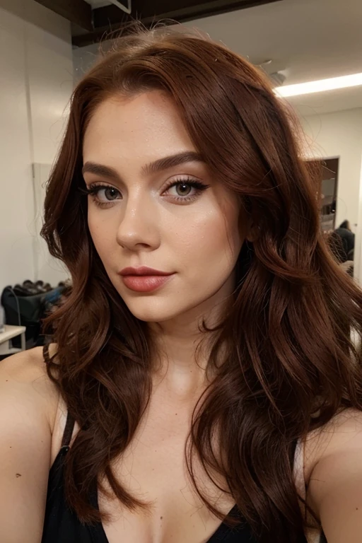modern Instagram model in her mid twentys, long red and curly hair, full make up