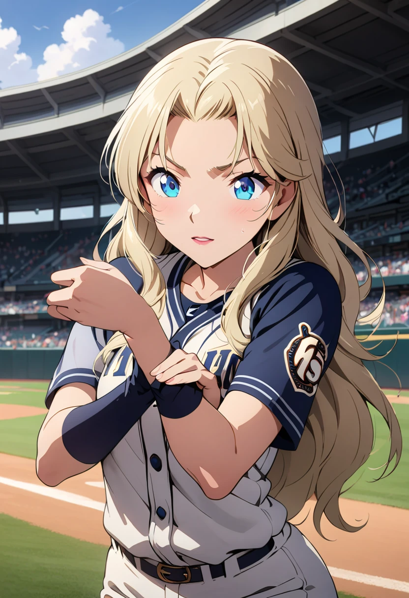 Female baseball player pitching，Batting dynamics，Correct ergonomics（1.5），masterpiece，top quality，Ultra wide-angle lens（1.5)（Realistically，Realistically：1.4），（original photo：1.4），Very beautiful CG unity 8k wallpaper，Very delicate and beautiful，Mann pays attention to detail，official art，beautiful eyes and face（1.5），Beautiful and delicate eyes，There is light on the face，（A mature beauty：1.4），Long blond hair，（Pompom）navel，upper body，Baseball uniform，He wears baseball gloves on his hands， Baseball field，Anime style