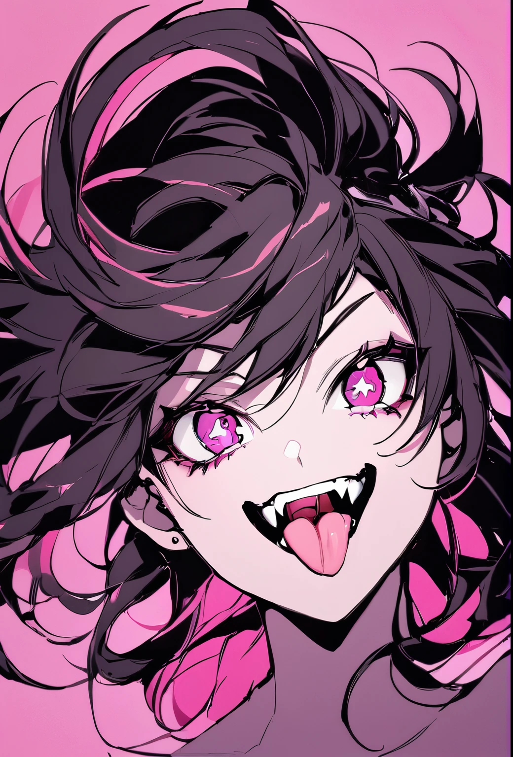 Holo-Punk Style, 1girl, black hair, fangs, floating hair, long hair, looking at viewer, open mouth, pink background, pink eyes, pink theme, solo, symbol-shaped pupils, teeth, tongue, tongue out
