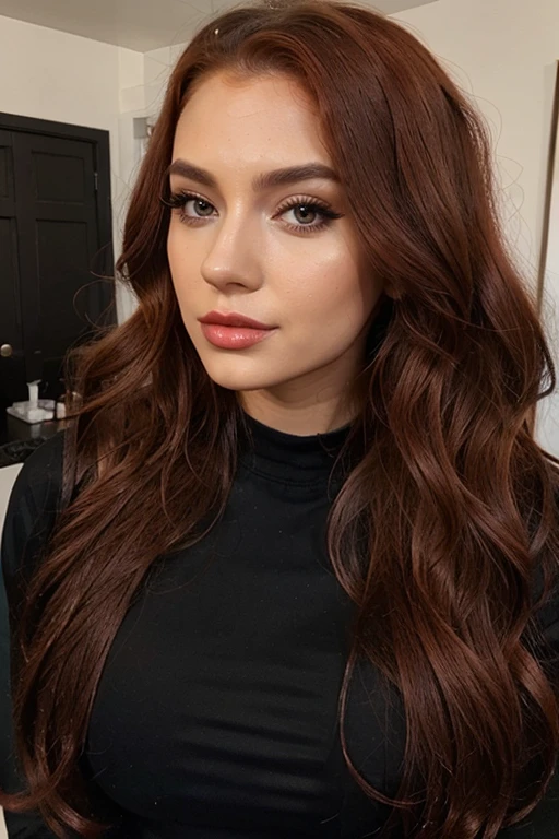 stunning modern Instagram model in her mid twentys, long red and curly hair, full make up