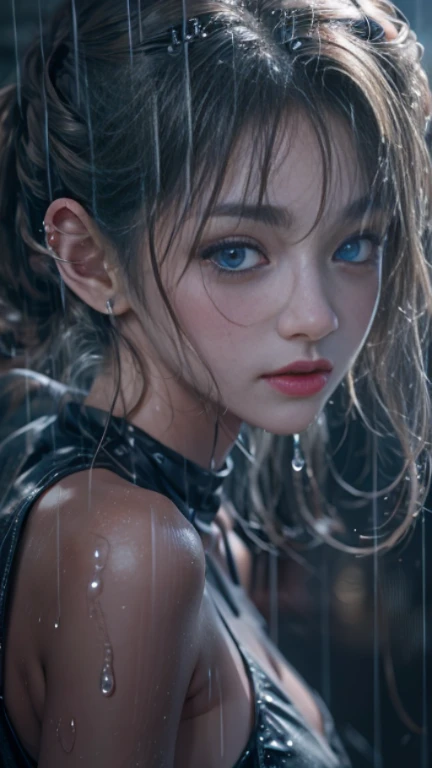 (RAW shooting, Photoreal:1.5, 8k, highest quality, masterpiece, ultra high resolution), perfect dynamic composition:1.2, street corner at night, look up at the sky:1.3, (((Typhoon heavy rain))), Highly detailed skin and facial textures:1.2, Slim high school girl wet in the rain:1.3, sexy beauty:1.1, perfect style:1.2, beautiful and aesthetic:1.1, Fair skin, very beautiful face, water droplets on the skin, (rain drips all over my body:1.2, wet hair:1.4, wet uniform:1.2), (Medium chest, Bra see-through, Chest gap), (embarrassing smile, The expression on your face when you feel intense caress, Facial expression when feeling pleasure), (beautiful blue eyes, Eyes that feel beautiful eros:0.8), (Too erotic:0.9, Bewitching:0.9), cowboy shot, student bag