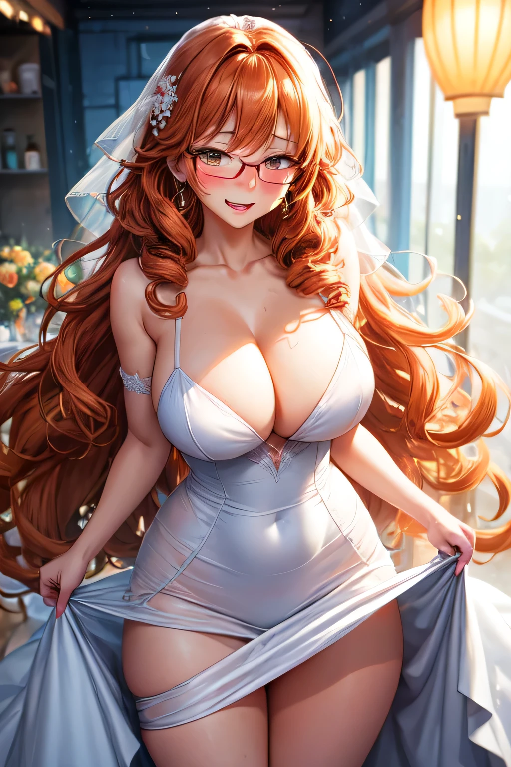 Cute sexy nervous woman with thick long messy curly orange hair with glasses with tattoo blushing with bright earrings with thick thighs and big chest in a wedding dress holding flowers with dropped jaw with butt out winking acting shy and embarrassed blushing