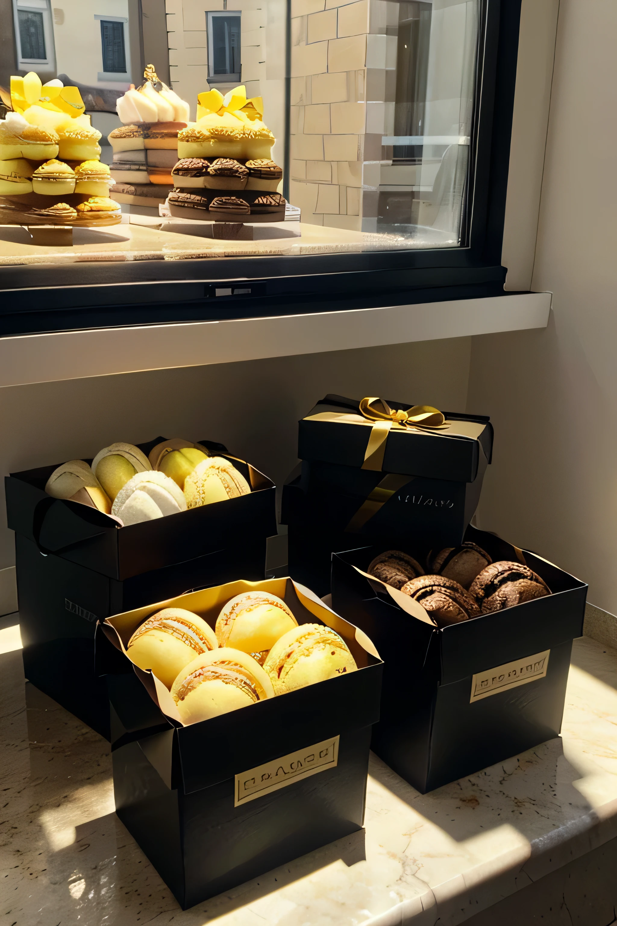 2 bakery gift boxes on top of eachother one black one yellow box. in a photographic angle in sunlight near bakey window which has black theme on a counter with macaroons on side. 2 boxes