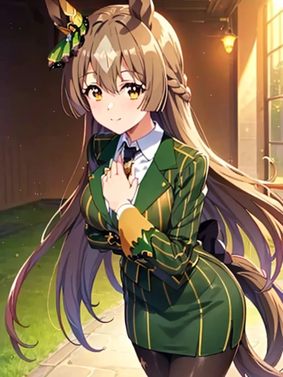 Satono Diamond\(umamusume\), ((highest quality))、((masterpiece))、Ultra-high resolution、、(Anime 2D Rendering, Realistic young anime woman), 
Beautiful body, Beautiful thighs, Beautiful feet, White beautiful skin、 
(Spread your ????? wide、((Pinstripe suit, Green Suit, White collared shirt))、(Pinstripe skirt、Green Shiny Pencil Mini Skirt:1.4)、(Low denier black pantyhose:1.4)、(Black High Heels))、 
smile、Face towards the viewer、(whole body、Are standing)