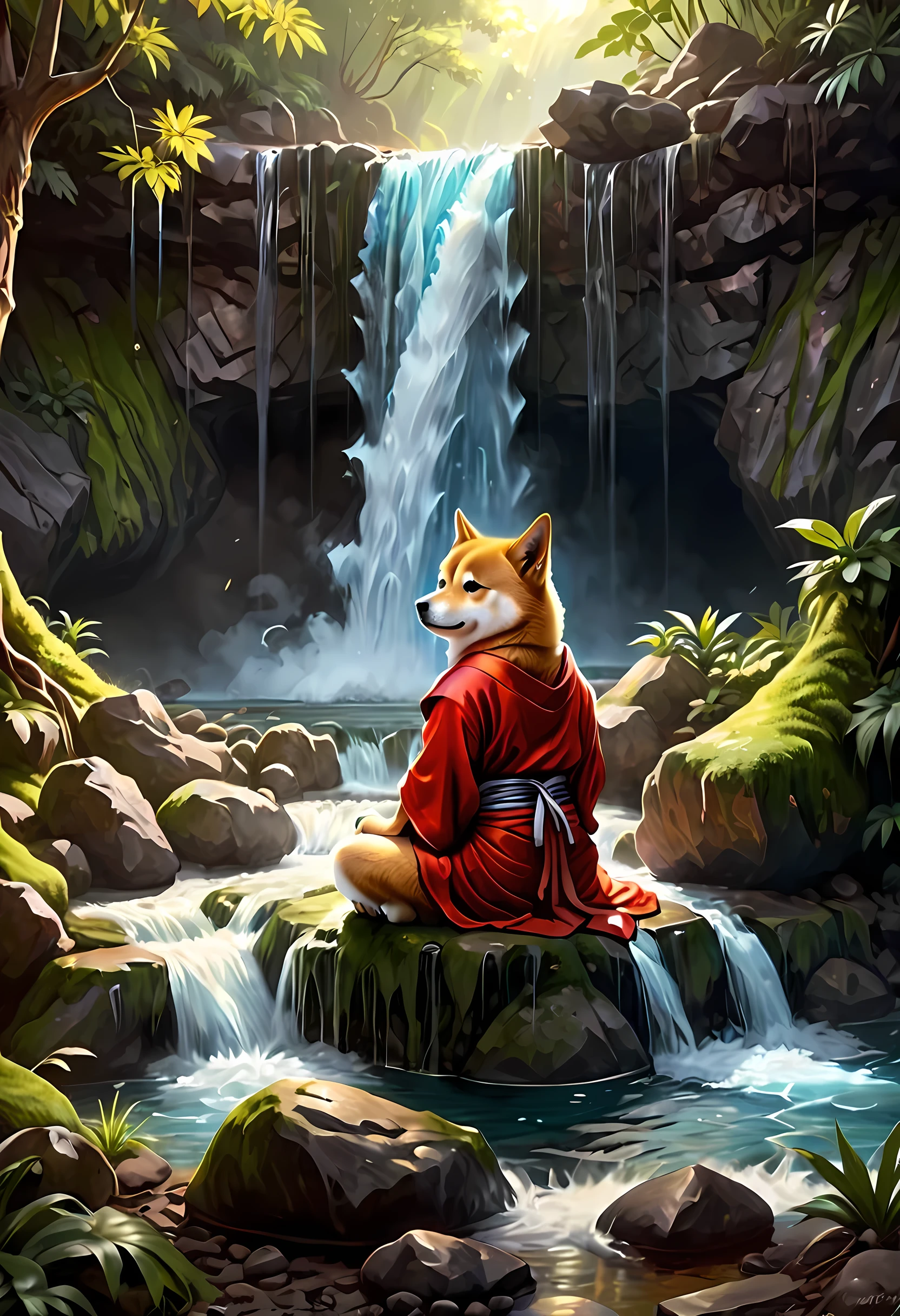 fantasy art, photorealistic, D&D art, a picture of a anthropomorphic Shiba Inu monk sitting and meditating near a waterfall, at the base of the waterfall,  there is a anthropomorphic (Shiba Inu monk: 1.5) wearing monk garbs, meditating near a bonfire near an (epic sized waterfall: 1.3), red hair, long hair, full body (best details, Masterpiece, best quality :1.5), ultra detailed face (best details, Masterpiece, best quality :1.5), light brown fur, green eyes,  water coming down from a volcanic cliff, multi level water falls, several pools created in different levels, forming new waterfalls, water cascading into a (large lava pool: 1.3) steam rising, clear water in many hues of blue and azure falling, ultra best realistic, best details, best quality, 16k, [ultra detailed], masterpiece, best quality, (extremely detailed), ultra wide shot, photorealism, depth of field, hyper realistic painting, faize 