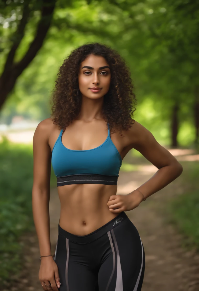 (Best Quality,Unparalleled Masterpiece:1.4)Ultra-Detailed CG 4K) a young adult Pakistani girl with shoulder length ringlets (Wearing a halter-top, jogging tights. In a park on hiking-biking path