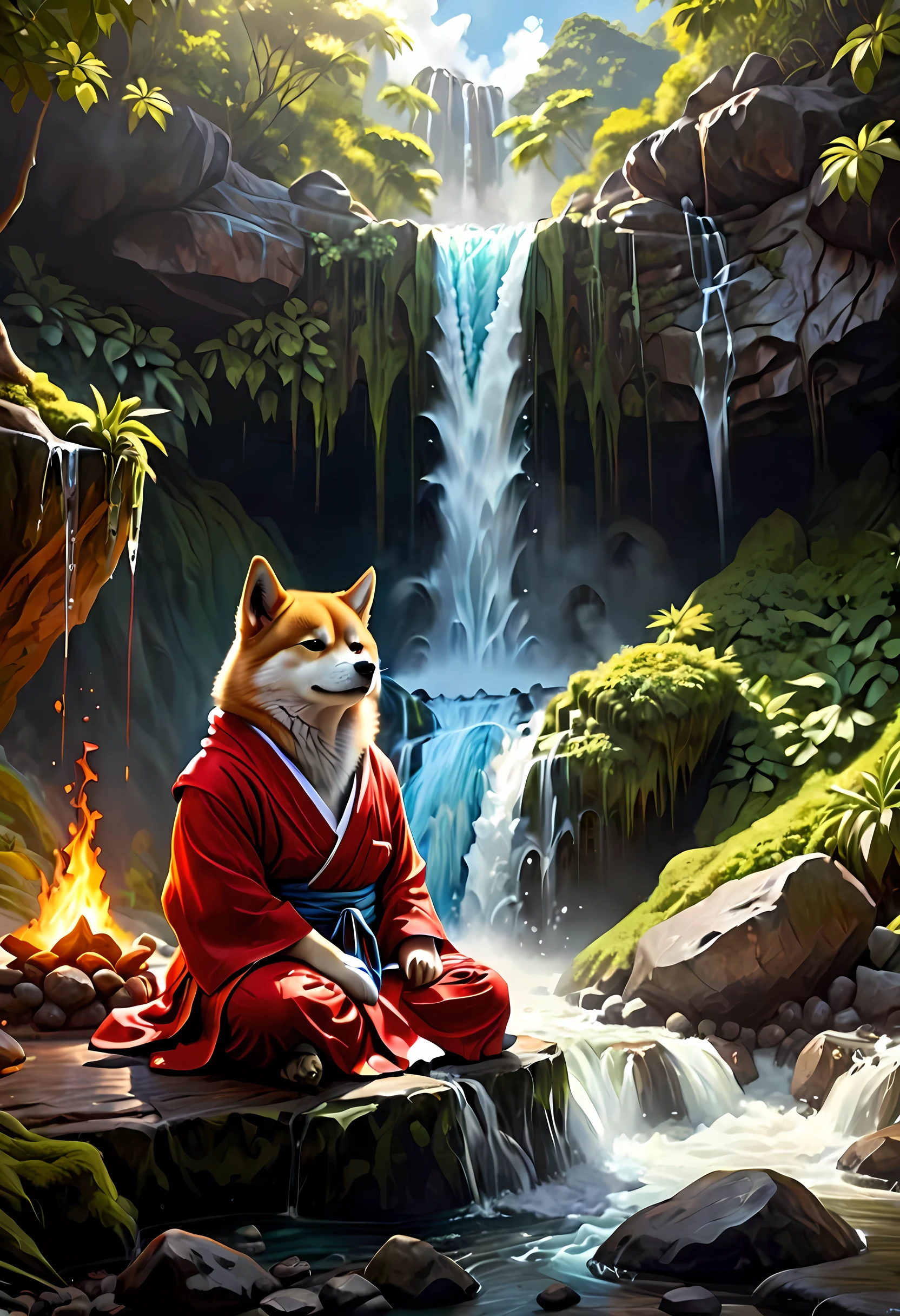 fantasy art, photorealistic, D&D art, a picture of a anthropomorphic Shiba Inu monk sitting and meditating near a waterfall, at the base of the waterfall,  there is a anthropomorphic (Shiba Inu monk: 1.5) wearing monk garbs, meditating near a bonfire near an (epic sized waterfall: 1.3), red hair, long hair, full body (best details, Masterpiece, best quality :1.5), ultra detailed face (best details, Masterpiece, best quality :1.5), light brown fur, green eyes,  water coming down from a volcanic cliff, multi level water falls, several pools created in different levels, forming new waterfalls, water cascading into a (large lava pool: 1.3) steam rising, clear water in many hues of blue and azure falling, ultra best realistic, best details, best quality, 16k, [ultra detailed], masterpiece, best quality, (extremely detailed), ultra wide shot, photorealism, depth of field, hyper realistic painting, faize 