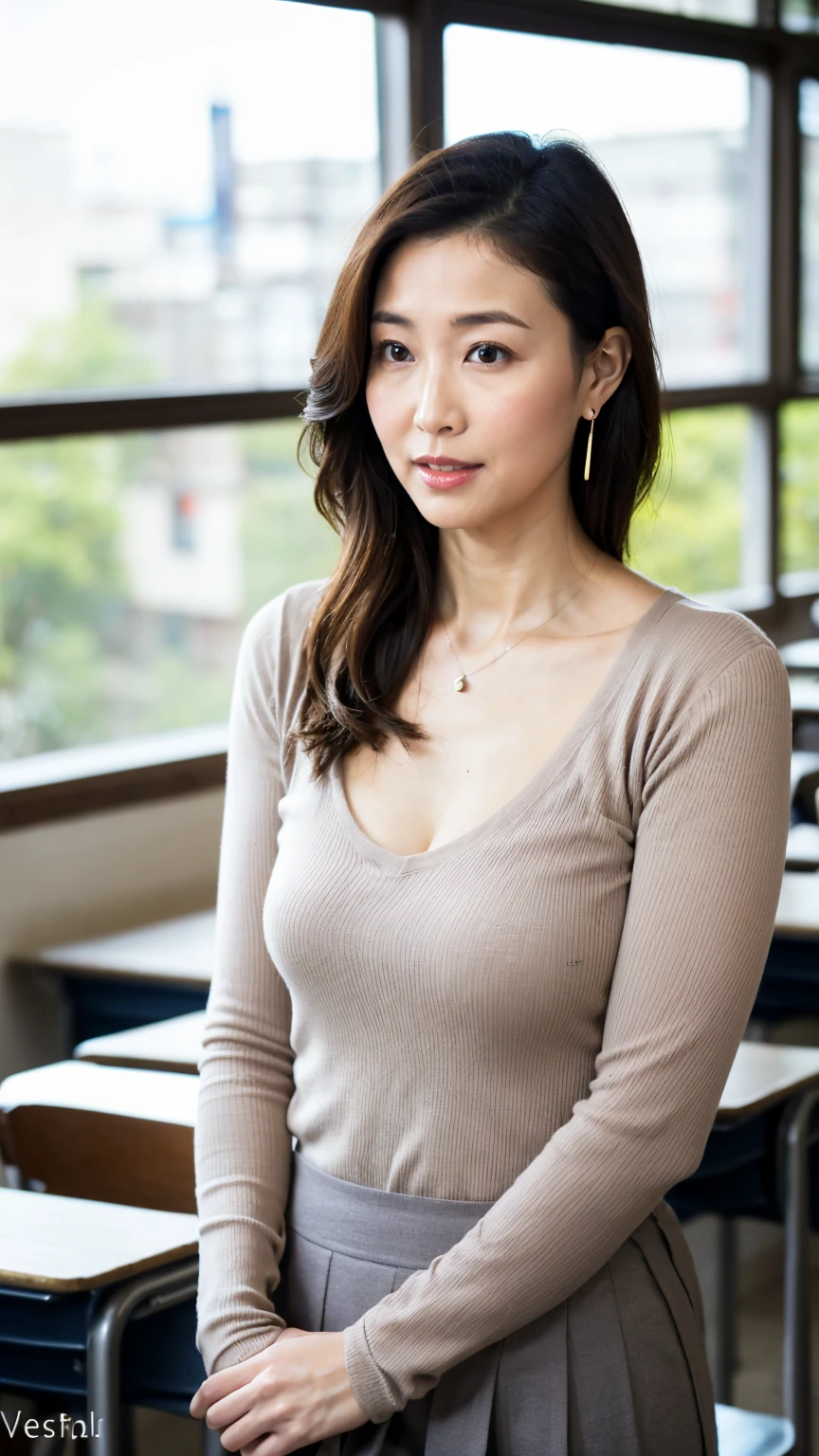 High resolution, highest quality, masterpiece, Textured skin, Anatomically correct, sharp, (((Full body photo))), (Shooting from the side), Alone in the classroom, (walking), ((Japanese Mature, 42 years old)), Nasolabial folds, Black Hair, Semi-long hair, (Plump figure:1.4), Shapely small breasts, (Looking at the camera), Serious expression, (Business look), ((teacher)), Grey ribbed V-neck, Long sleeve, Formal tight skirt, pumps, necklace, Earrings