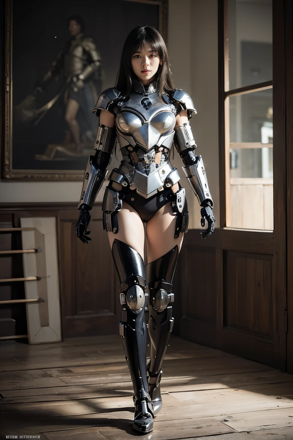 ((highest quality)), ((masterpiece)), (detailed), Iron skeleton head、Translucent skin、Sheer breasts and nipples、Translucent female body、barefoot、Beautiful feet、Attractive thighs、cyborg、Machine Woman、Artificial human world、Both arms of the machine、Hold your sword、Riding a robot horse、Mecha World、Silver parts、Black Hair、Semi-long hair、City in Ruins