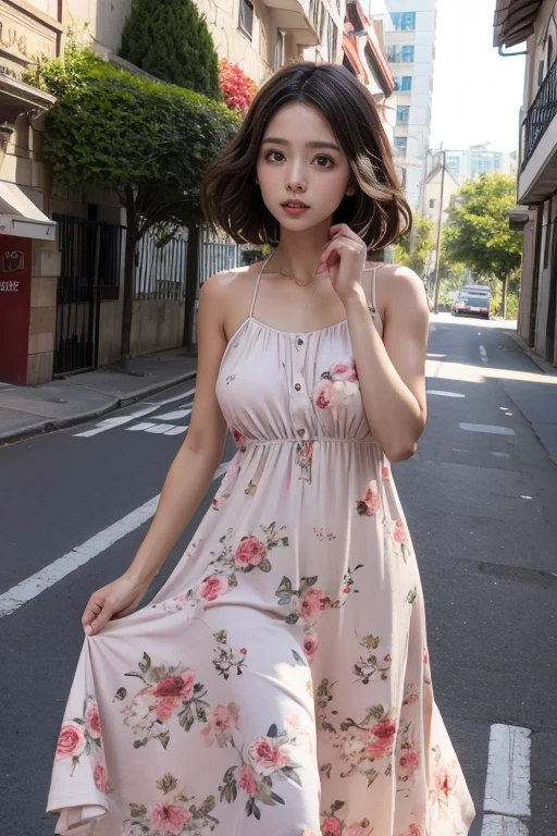 (((hd picture))), ultra high resolution.realistic 1.4, uhd, masterpiece,  score_9, score_8_consolation, score_7_consolation, score_6_consolation, score_5_consolation, score_4_consolation, from below, 1 woman, long hair, brown hair, dress, bag, tree, leg, headcell phones, cell phone, tansparent sundress, to the side, panties are visible