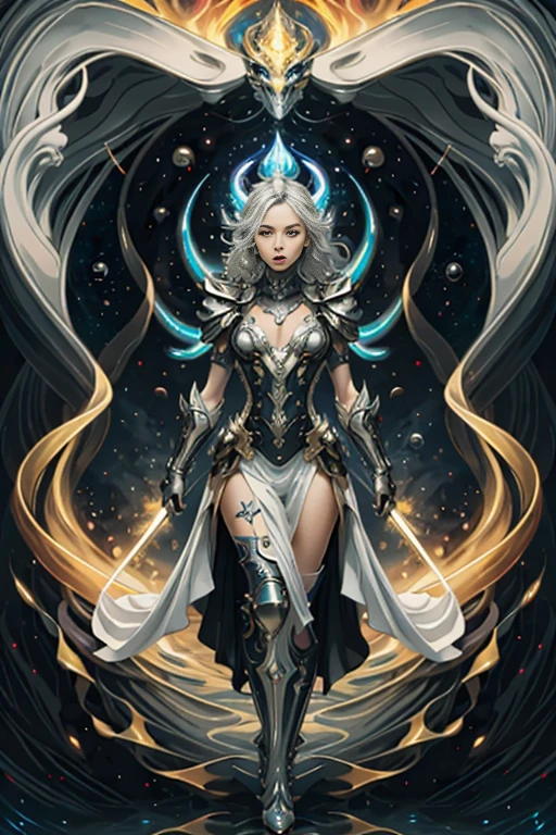 best quality,4k,8k,highres,masterpiece:1.2,ultra-detailed,realistic:1.37,HDR,UHD,studio lighting,ultra-fine painting,sharp focus,physically-based rendering,extreme detail description,professional,art nouveau,tarot card style, (2characters), dynamic angle, dynamic pose, fierce expression, Full body, alien female,best quality,4k,8k,highres,masterpiece:1.2,ultra-detailed,realistic:1.37, A female spellblade wielding a translucent blue sword is accompanied by a guardian spirit. The sword hungers for souls as it glows with ethereal energy. The woman is protected by the guardian spirit, which emanates a comforting and powerful presence., Flowing silver hair., The atmosphere is reminiscent of the mysterious and enchanting world of the Final Fantasy X game, with elements of JRPG and RPG. The scene is filled with vibrant colors, capturing the essence of the fantasy universe. The lighting casts a warm glow, highlighting the intricate details of the female spellblade, and the guardian spirit. As the female spellblade gracefully maneuvers her weapon, the kodama spirits watch from the surrounding forest, adding an extra layer of magical intrigue to the scene., Concept art inpired by Jean Giraud Moebius, The overall quality of the generated image is of the highest standard, with ultra-detailed visuals to bring this captivating composition to life. The artwork is reminiscent of a masterpiece, exhibiting the finest craftsmanship in the medium of digital illustration., Yoshitaka Amano style, fractalized, organic exoskeleton,glass exoskeleton,alien flora,(bioluminescent fungi),vivid colors,pale red hues,trending on cgsociety,landscape,horror,sci-fi,concept artists,bright and vibrant colors,dreamy lighting