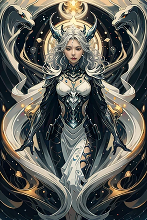 best quality,4k,8k,highres,masterpiece:1.2,ultra-detailed,realistic:1.37,HDR,UHD,studio lighting,ultra-fine painting,sharp focus,physically-based rendering,extreme detail description,professional,art nouveau,tarot card style, (2characters), dynamic angle, dynamic pose, fierce expression, Full body, alien female,best quality,4k,8k,highres,masterpiece:1.2,ultra-detailed,realistic:1.37, A female spellblade wielding a translucent blue sword is accompanied by a guardian spirit. The sword hungers for souls as it glows with ethereal energy. The woman is protected by the guardian spirit, which emanates a comforting and powerful presence., Flowing silver hair., The atmosphere is reminiscent of the mysterious and enchanting world of the Final Fantasy X game, with elements of JRPG and RPG. The scene is filled with vibrant colors, capturing the essence of the fantasy universe. The lighting casts a warm glow, highlighting the intricate details of the female spellblade, and the guardian spirit. As the female spellblade gracefully maneuvers her weapon, the kodama spirits watch from the surrounding forest, adding an extra layer of magical intrigue to the scene., Concept art inpired by Jean Giraud Moebius, The overall quality of the generated image is of the highest standard, with ultra-detailed visuals to bring this captivating composition to life. The artwork is reminiscent of a masterpiece, exhibiting the finest craftsmanship in the medium of digital illustration., Yoshitaka Amano style, fractalized, organic exoskeleton,glass exoskeleton,alien flora,(bioluminescent fungi),vivid colors,pale red hues,trending on cgsociety,landscape,horror,sci-fi,concept artists,bright and vibrant colors,dreamy lighting