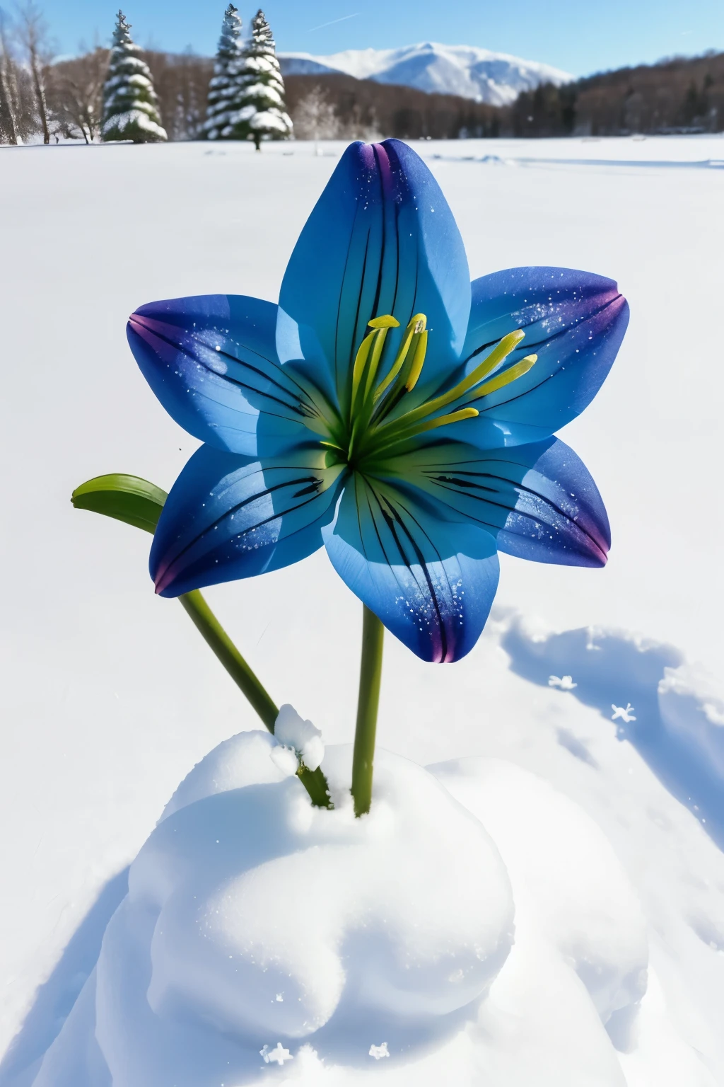 Create a Flower called a Azure Crystal Lily in the snow