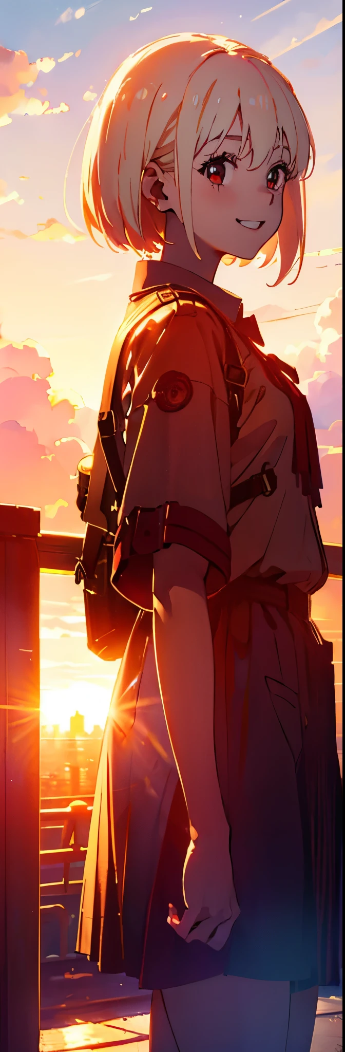 1girl、Cowboy Shot、highest quality、cute、alone、blonde、Red eyes、Grin、From the side、Golden Hour Sky