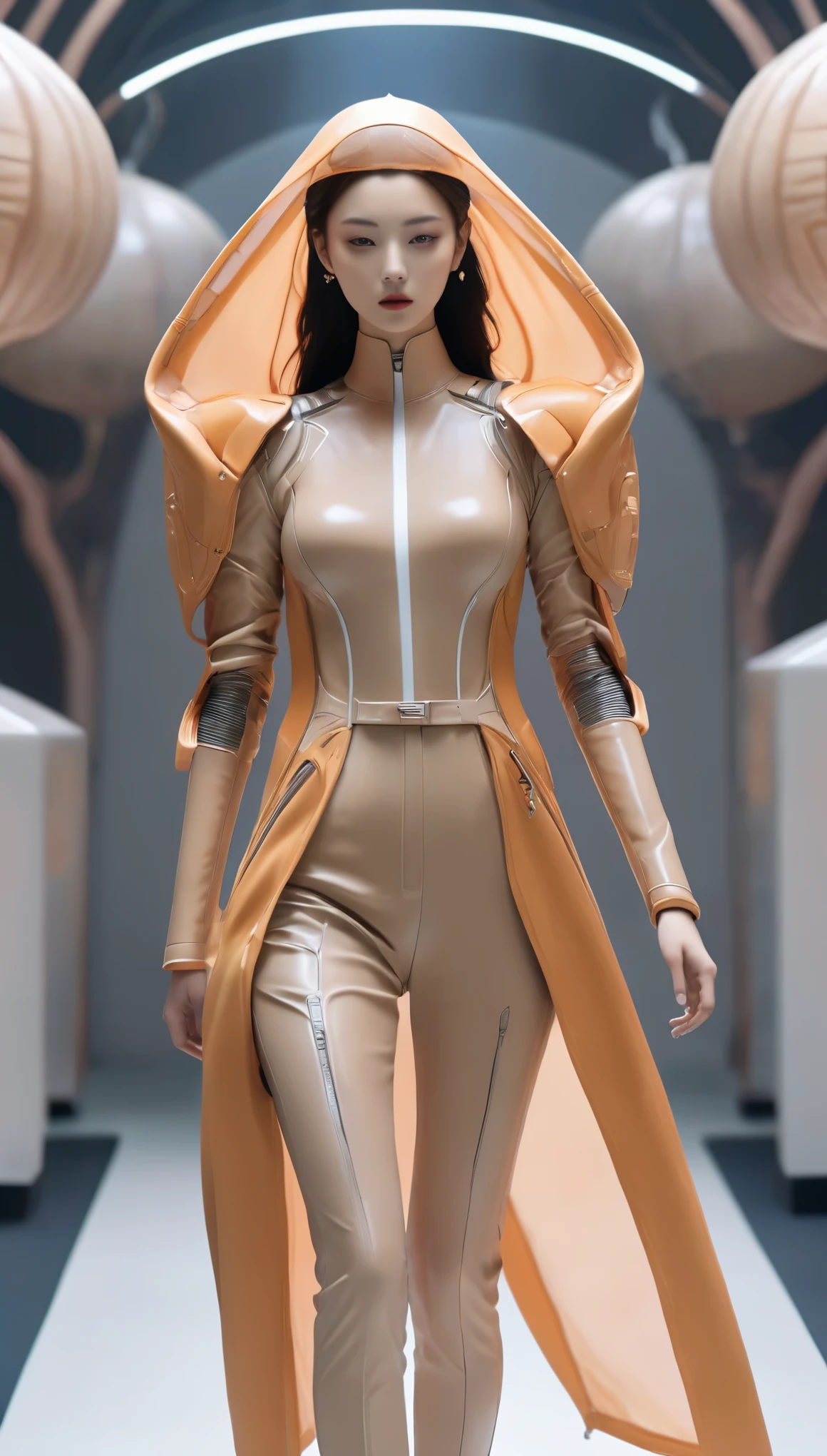 A fashion runway for alien technology , vogue photography , Inspired by Chinese Xianxia and cyberpunk。camel toe，(Best quality,4K,8K,A high resolution,Masterpiece:1.2), (Realistic,Photorealistic,photo-realistic:1.37).