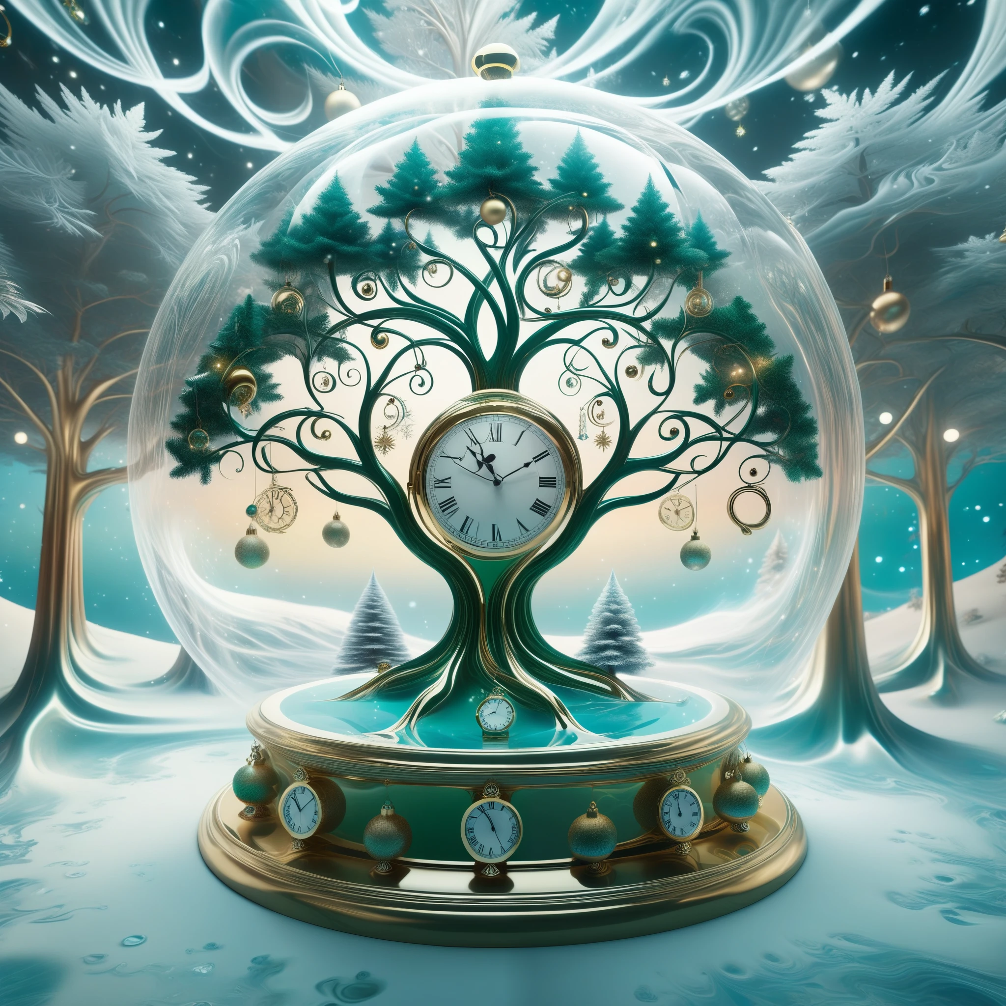 A Dalí-esque Christmas dreamscape unfolds within a warped, surreal space, where melting clocks and morphing trees are adorned with AI-generated fractal ornaments that pulsate to the rhythm of an ethereal, glitch-hop carol.