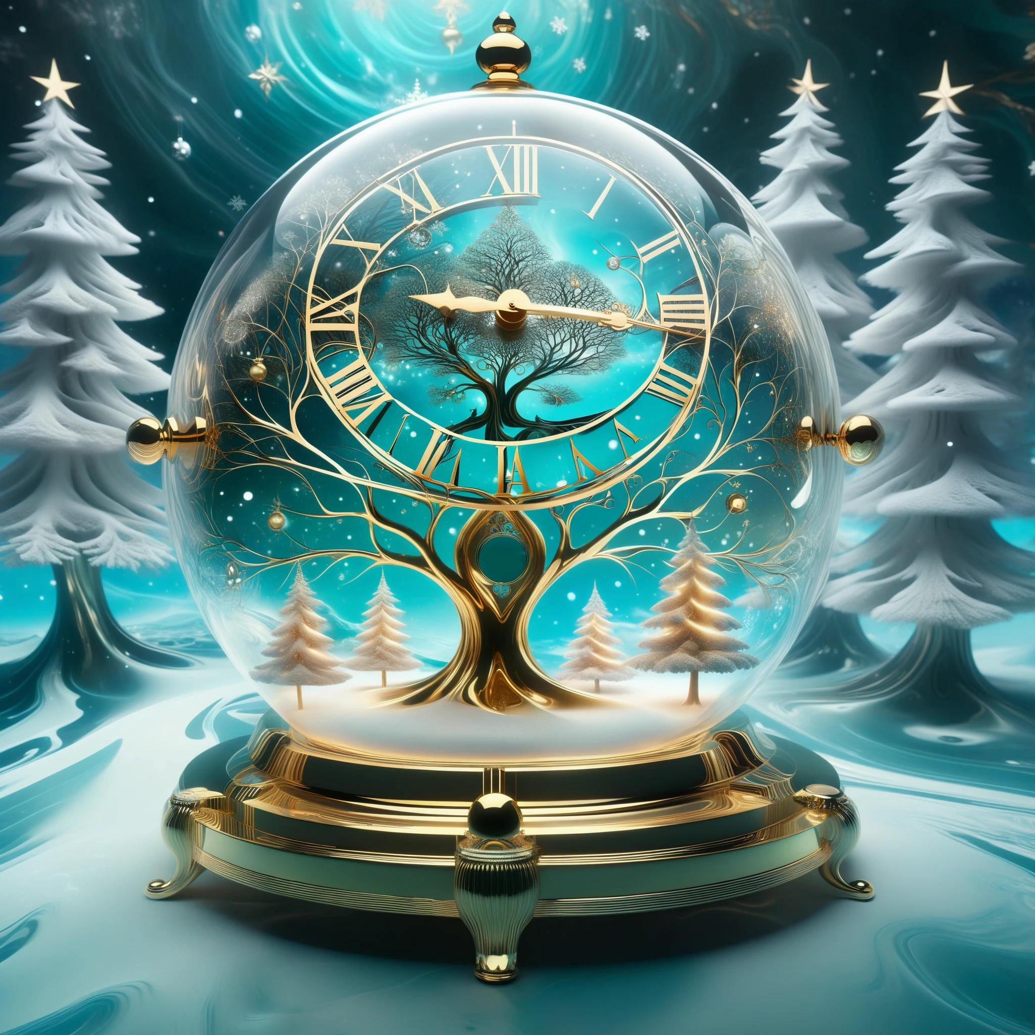 A Dalí-esque Christmas dreamscape unfolds within a warped, surreal space, where melting clocks and morphing trees are adorned with AI-generated fractal ornaments that pulsate to the rhythm of an ethereal, glitch-hop carol.