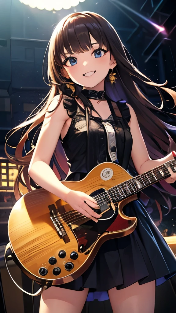 (highest quality, 8k, masterpiece, Super detailed:1.2), movie angle, live house,Flashy lighting, Particles of light, One girl, alone, guitar,rock band, Earrings, cute, smile, Skirt flip,Long Hair,Idol Costumes