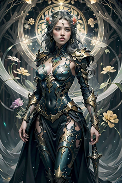 best quality,4k,8k,highres,masterpiece:1.2,ultra-detailed,realistic:1.37,HDR,UHD,studio lighting,ultra-fine painting,sharp focus,physically-based rendering,extreme detail description,professional,art nouveau,tarot card style, (2characters), dynamic angle, dynamic pose, fierce expression, Full body, alien female,best quality,4k,8k,highres,masterpiece:1.2,ultra-detailed,realistic:1.37, A female spellblade wielding a translucent blue sword is accompanied by a guardian spirit. The sword hungers for souls as it glows with ethereal energy. The woman is protected by the guardian spirit, which emanates a comforting and powerful presence., Flowing silver hair., The atmosphere is reminiscent of the mysterious and enchanting world of the Final Fantasy X game, with elements of JRPG and RPG. The scene is filled with vibrant colors, capturing the essence of the fantasy universe. The lighting casts a warm glow, highlighting the intricate details of the female spellblade, and the guardian spirit. As the female spellblade gracefully maneuvers her weapon, the kodama spirits watch from the surrounding forest, adding an extra layer of magical intrigue to the scene., Concept art inpired by Jean Giraud Moebius, The overall quality of the generated image is of the highest standard, with ultra-detailed visuals to bring this captivating composition to life. The artwork is reminiscent of a masterpiece, exhibiting the finest craftsmanship in the medium of digital illustration., Yoshitaka Amano style, fractalized, organic exoskeleton,glass exoskeleton,alien flora,(bioluminescent fungi),vivid colors,pale red hues,trending on cgsociety,landscape,horror,sci-fi,concept artists,bright and vibrant colors,dreamy lighting