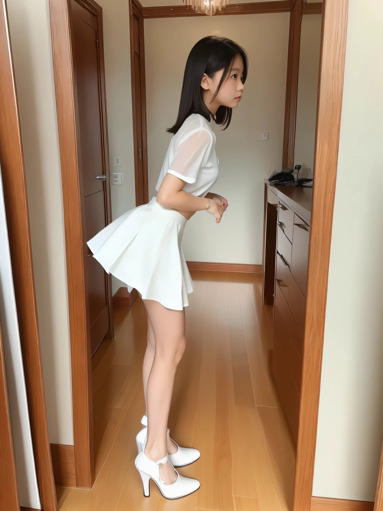((Full body:1.2,Voyeur from the side:1.2,from a distance:1.2)),3 Japanese girls,kneeling,arms behind back,blushing and embarrassed face,summer casual style,See-through white blouse,See-through white flare skirt,white choker,See-through white Panty,white high heels,slim body shape,from below,realistic,best quality,ultra-detailed,high resolution,beautiful white skin,looking at another,flooring room