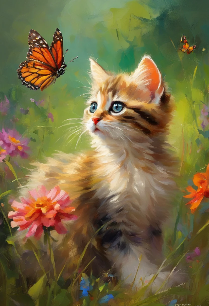 (highest quality,Very detailed,Realistic),Kitten watching a butterfly,Beautiful fine details,Curious look,With soft fur,Small feet,Fluffy tail,Cute Beard,Sunny garden background,green々Fresh green grass,Bright flowers,Delicate butterfly wings,Floating gracefully,colorful petals,Breeze,Playful movement,Vibrant colors,artistic expression,Subtly illuminated