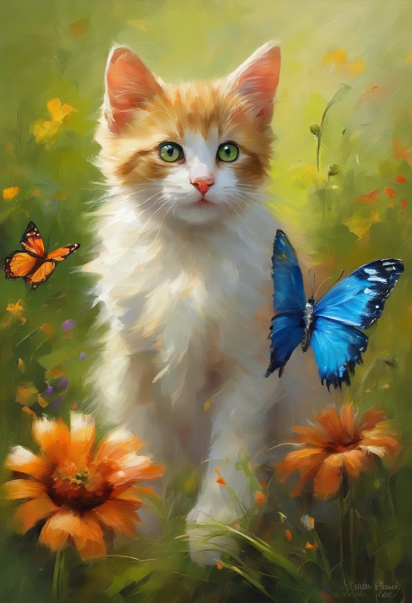 (highest quality,Very detailed,Realistic),Kitten watching a butterfly,Beautiful fine details,Curious look,With soft fur,Small feet,Fluffy tail,Cute Beard,Sunny garden background,green々Fresh green grass,Bright flowers,Delicate butterfly wings,Floating gracefully,colorful petals,Breeze,Playful movement,Vibrant colors,artistic expression,Subtly illuminated
