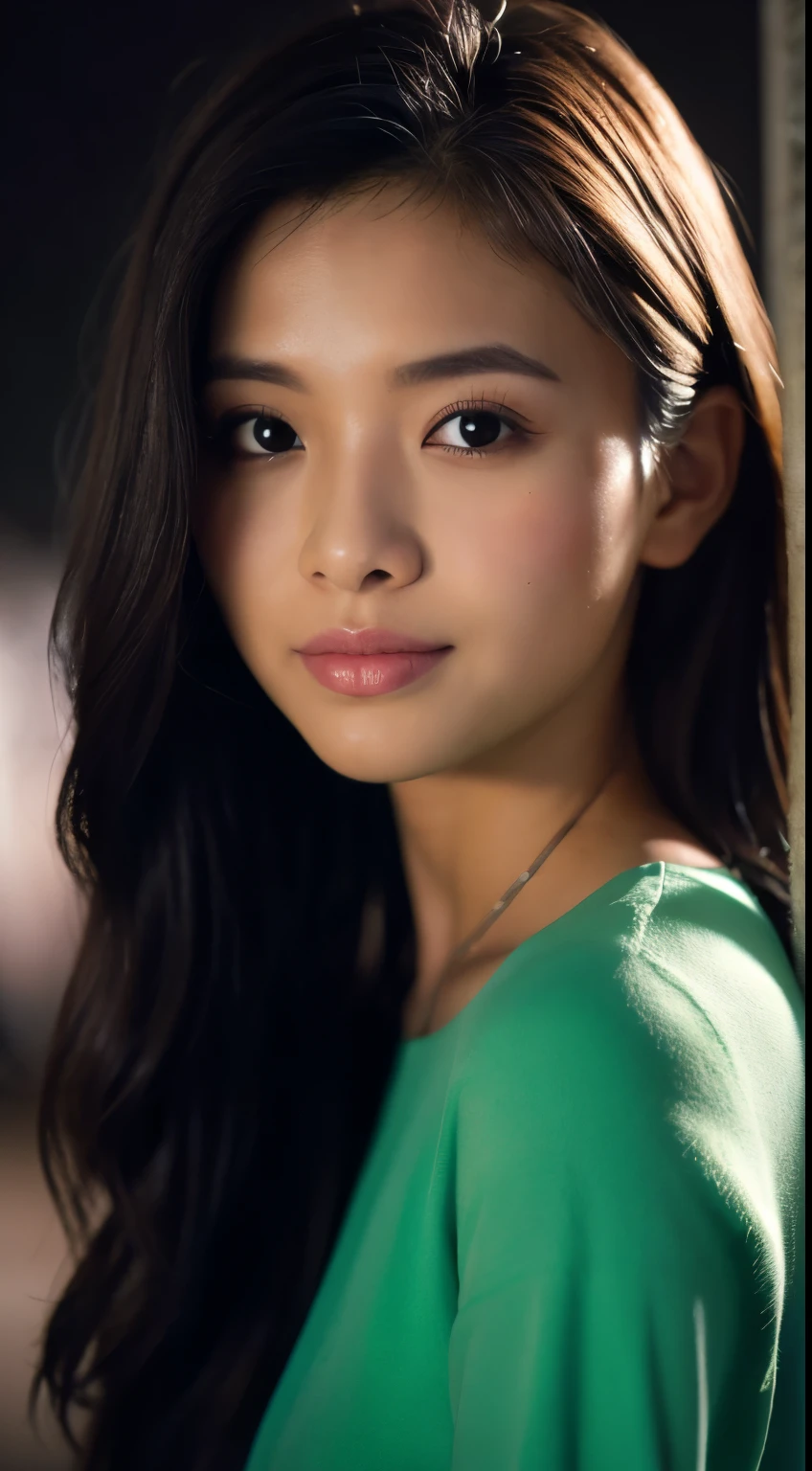 highest quality, epic realistic, ((in the pitch black darkness :1.4)), ((portrait:1.5)),(background: dark ) high contrast ,glorious picture, lowest lux, lighting face, she's comfortable, wearing nothing, , looks incredible, (8k, Raw photo, Highest quality),(epic realistic:1.5), a woman, face,(detailed eyes:0.8),(looking at the camera:1.4), (Highest quality), ( high contrast, deep shadows),Intricate details,cinematic,((skin:1.4)), (long dark hair:1.3), long hair, messy ,(Hdr:1.5),Detailed, colors, Superior quality, Masterpiece, Raw Photo (20-year-old, looking at viewer), beautiful, (wearing plain yellow shirt,), perfect, natural, perfect composition, portrait, perfect face, smiling expression, Captivating eyes, Bright details, Tight lips, (High Skin Detail),, (blue tint: 0.6), (sale: 0.8), (bloody: 0.7), Key lighting , (backlight: 0.5), Medium depth of field, Canon 5d, 50mm lens, f/4 apertures, (Ultra-detailed, Complex detail), sharp focus, soft colors, 8k, Absurd, 80mm, bokeh background, photography, smiling, pinay, filipina, large , neon lights background, bokeh