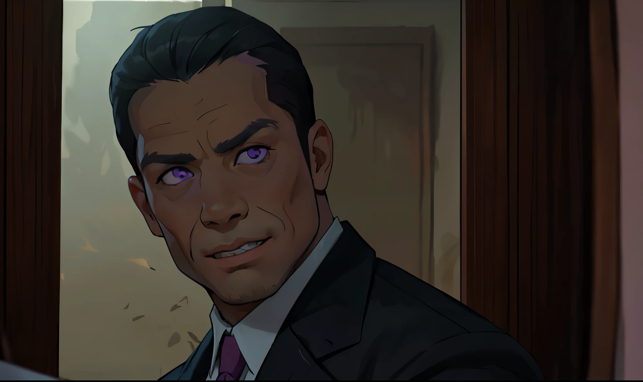 hombre malo de ojos violetas y cabello corot violeta esta amenazando a alguien